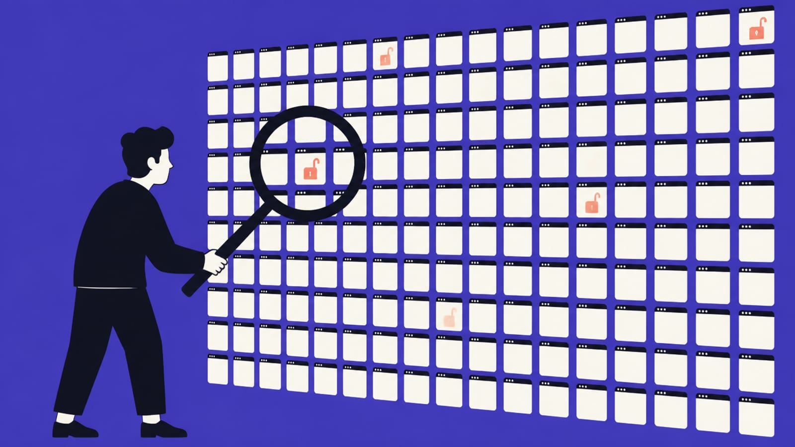 Flat illustration of a person with a magnifying glass over a wall of small identical app windows, a few marked with a coral open padlock