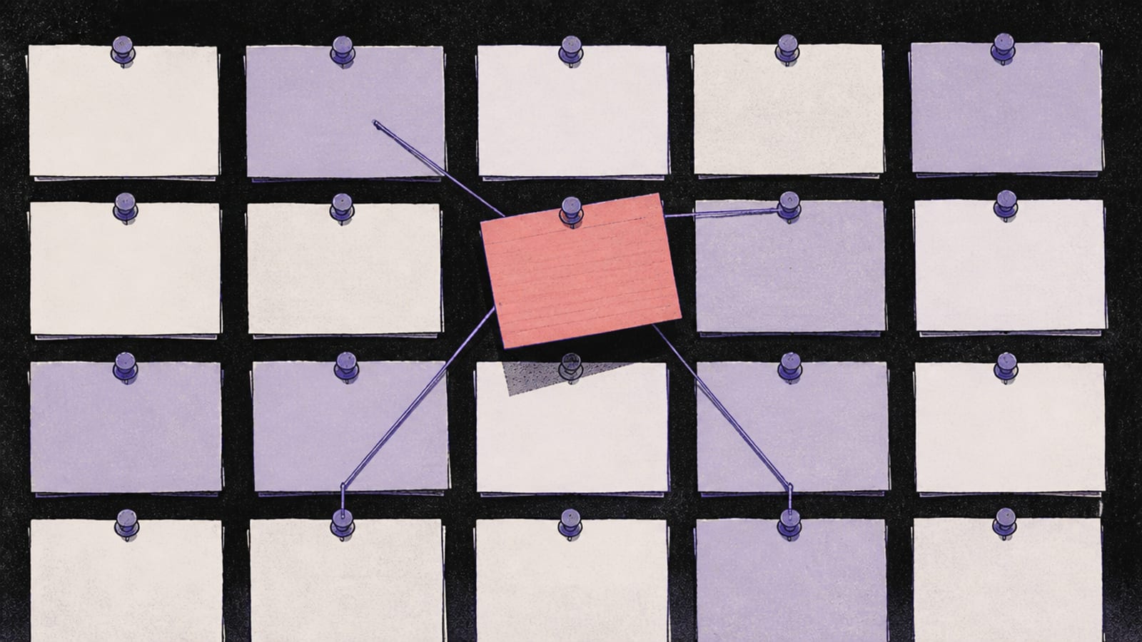 Hand-drawn editorial illustration of a wall of labelled term cards pinned up like a glossary, one card highlighted