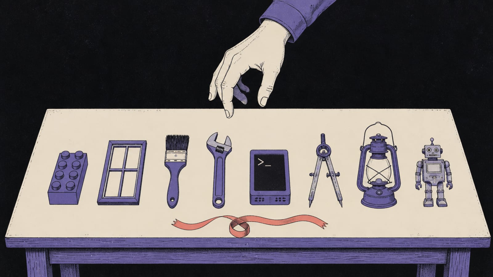 Hand-drawn editorial illustration of a table with eight different small tools laid out, a hand hovering undecided above them