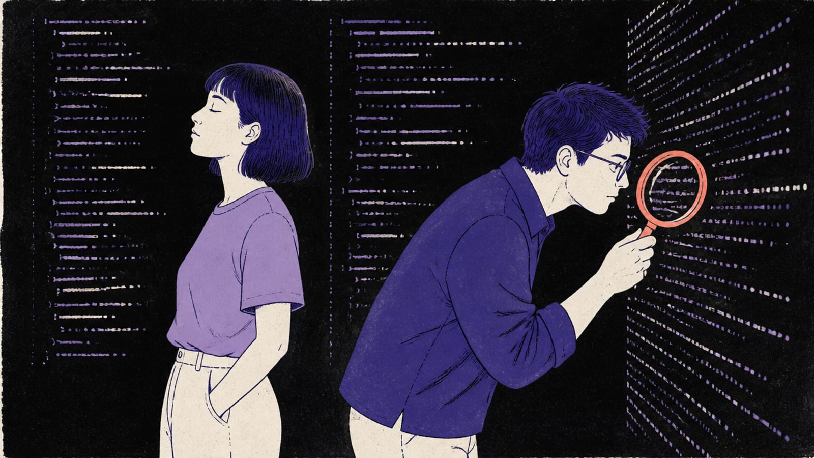 Hand-drawn editorial illustration of two figures at a screen of code — one with eyes closed, one reading closely with a magnifier