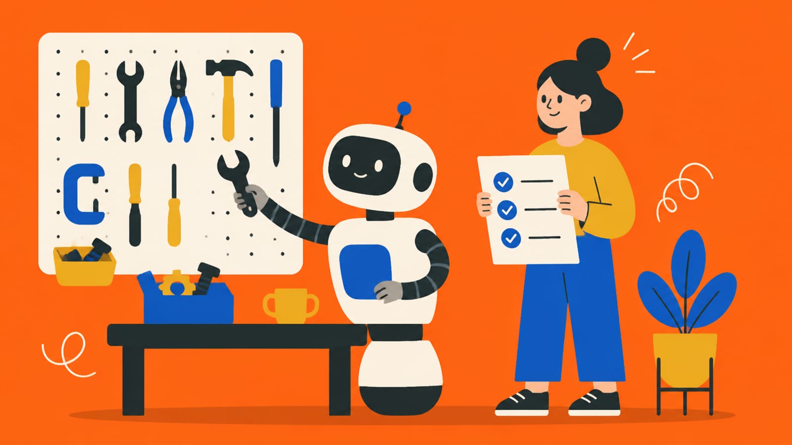 Flat illustration of a friendly robot at a workbench choosing a tool from a pegboard while a person watches with a checklist