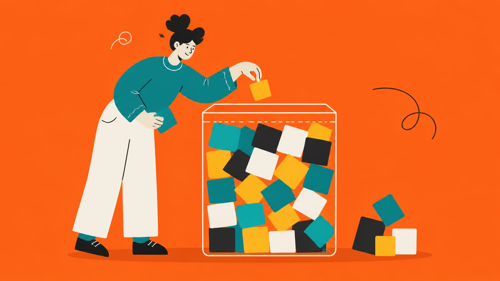 Flat illustration of a person dropping coloured blocks into a nearly full transparent glass box with a fill line