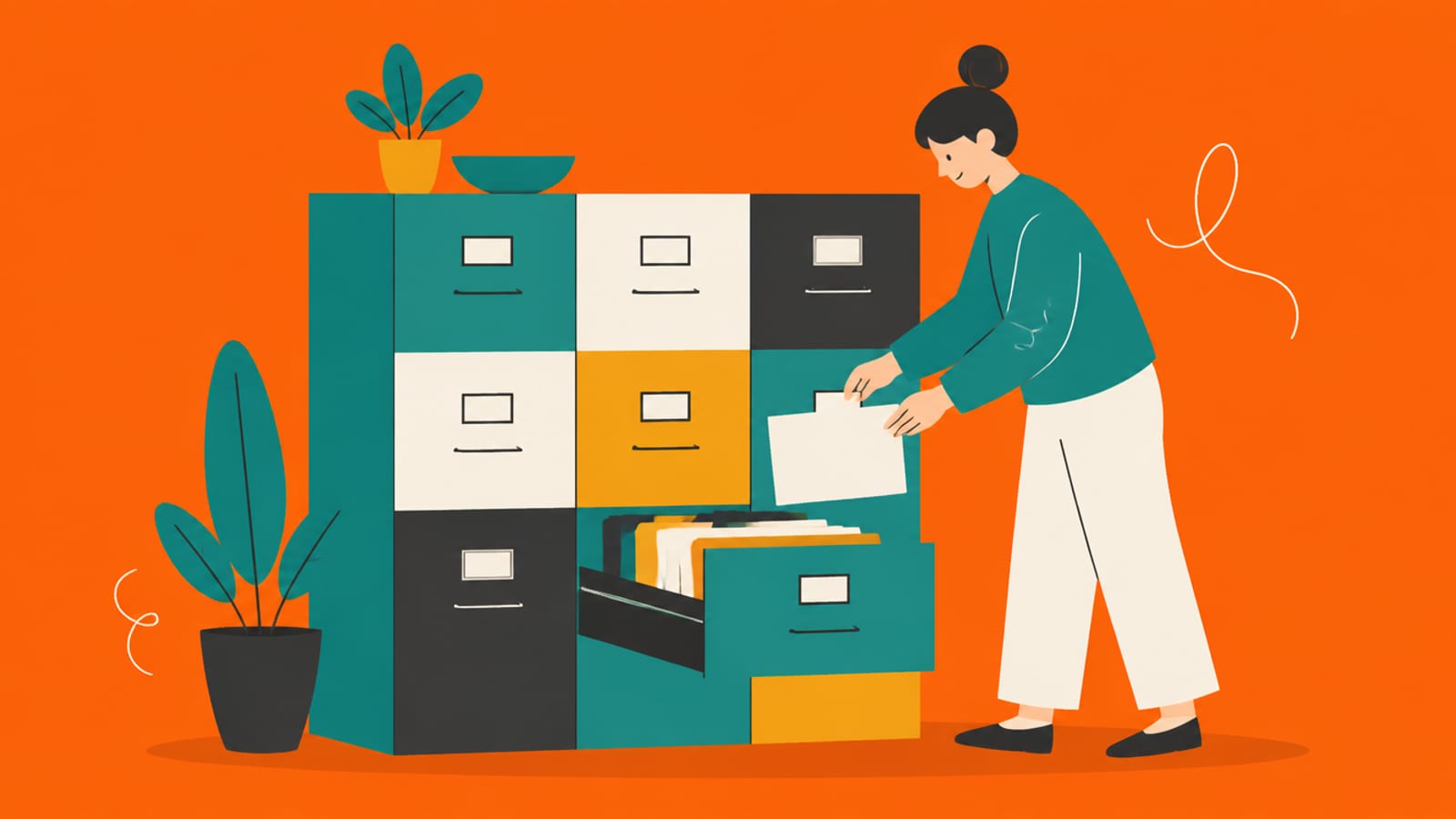 Flat illustration of a tidy set of labelled filing drawers with a person filing a card into one