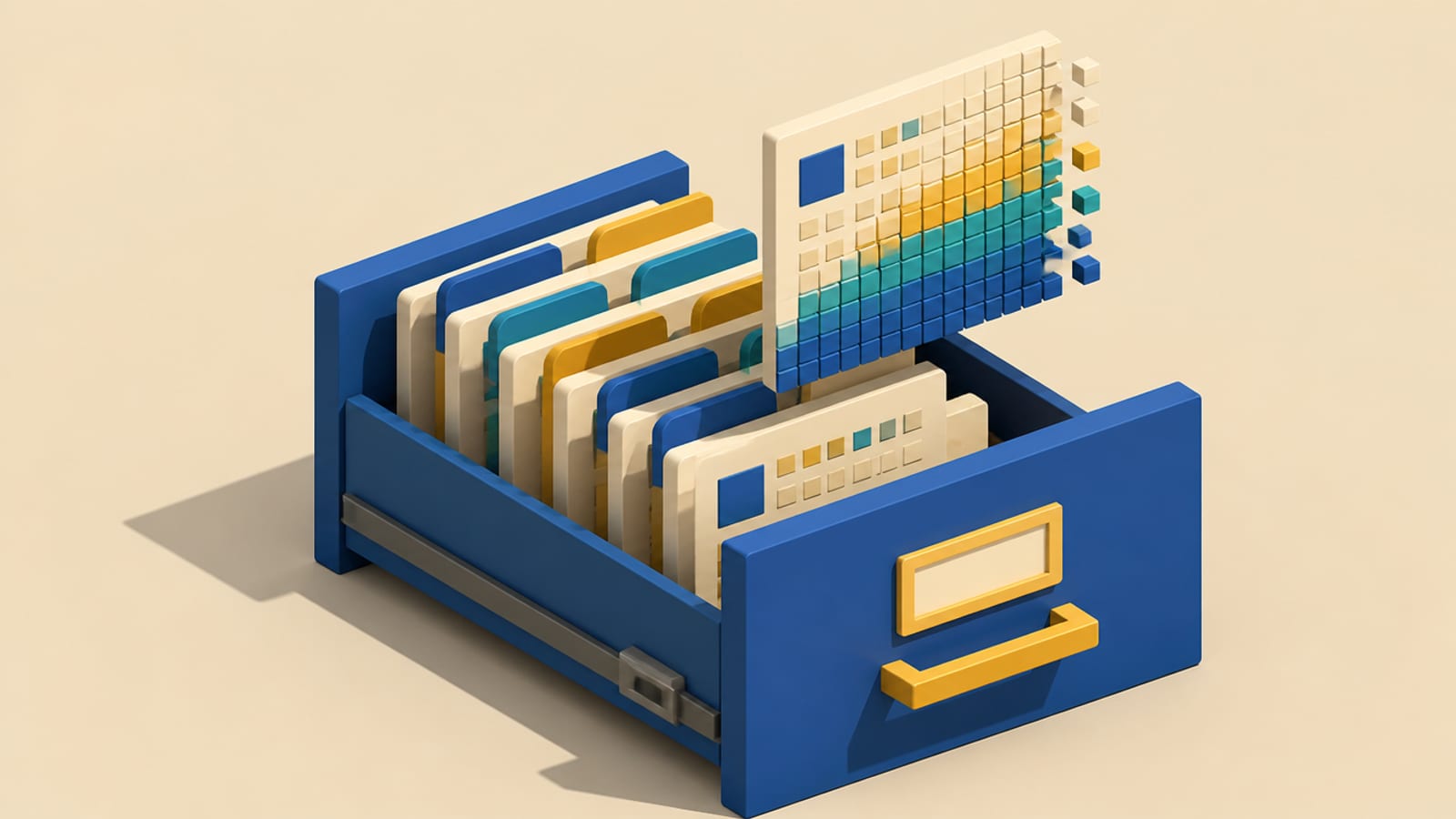 Isometric diorama of an open drawer holding neatly labelled cards of data, one card lifted out to show it is made of tiny numbered blocks