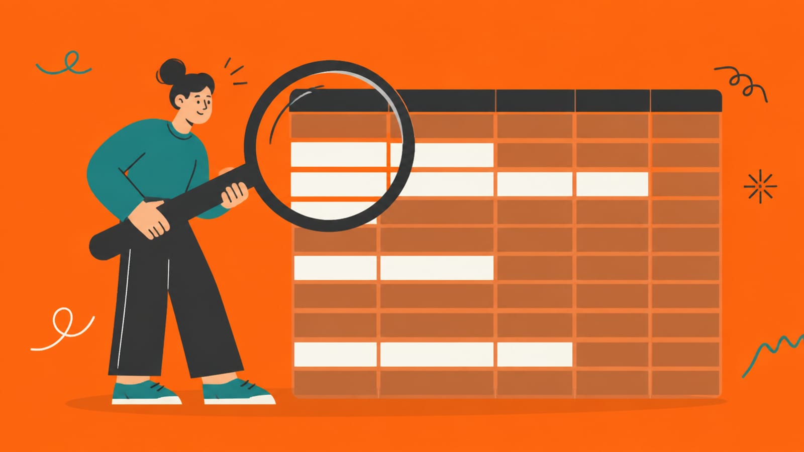 Flat illustration of a person holding a magnifying glass over a table where only some rows light up