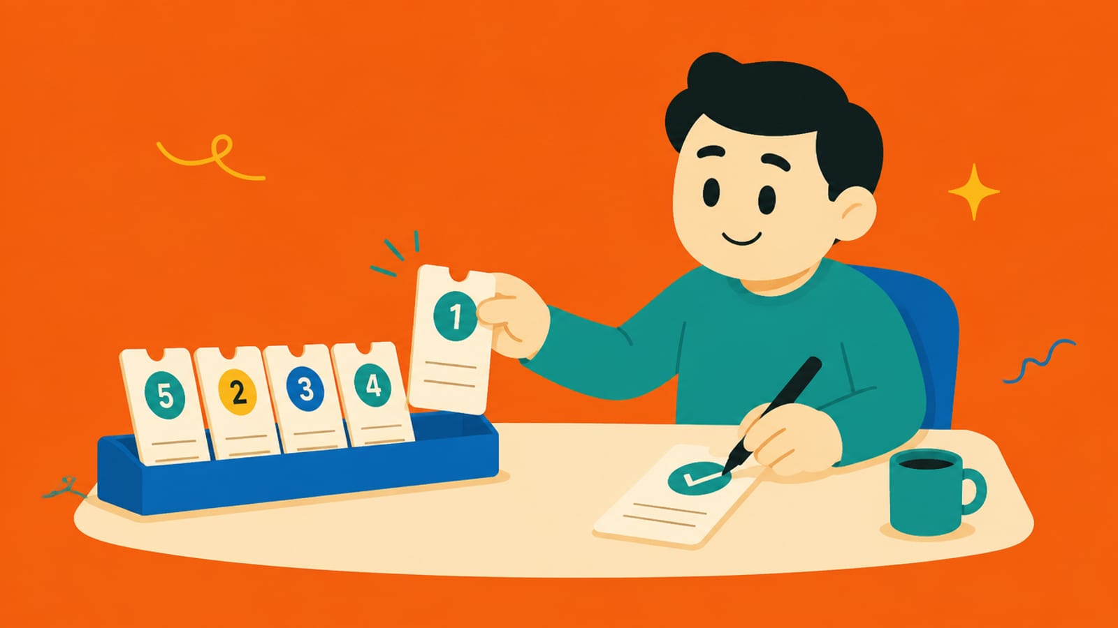 Flat illustration of a friendly worker taking numbered task tickets from a tidy waiting line and completing them one by one at a desk