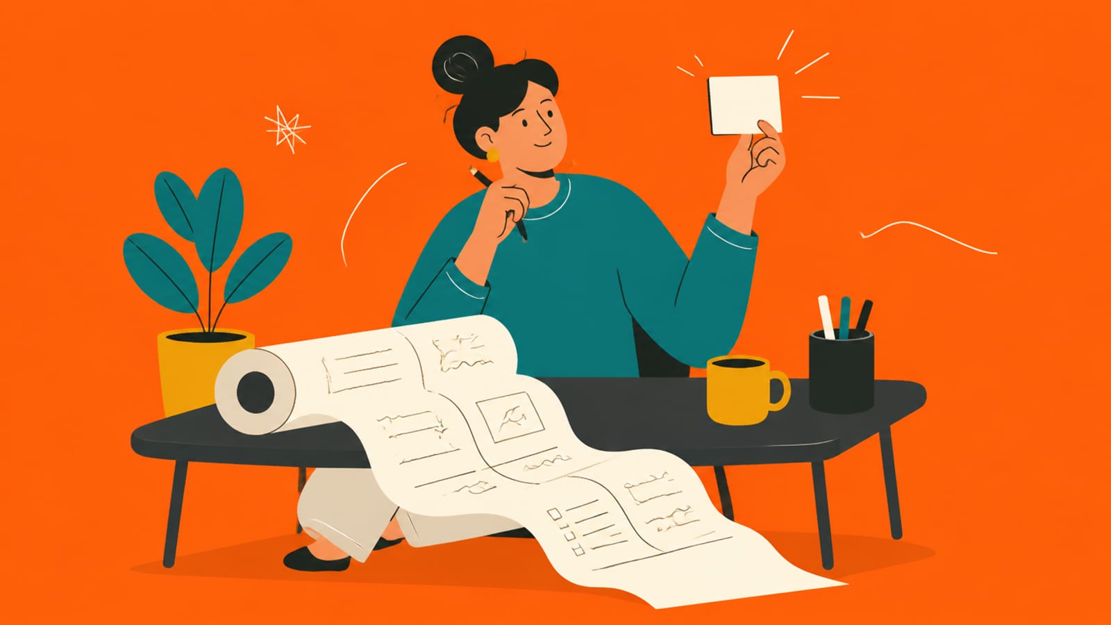 Flat illustration of a person at a desk working through a long scroll of notes before writing a short answer card