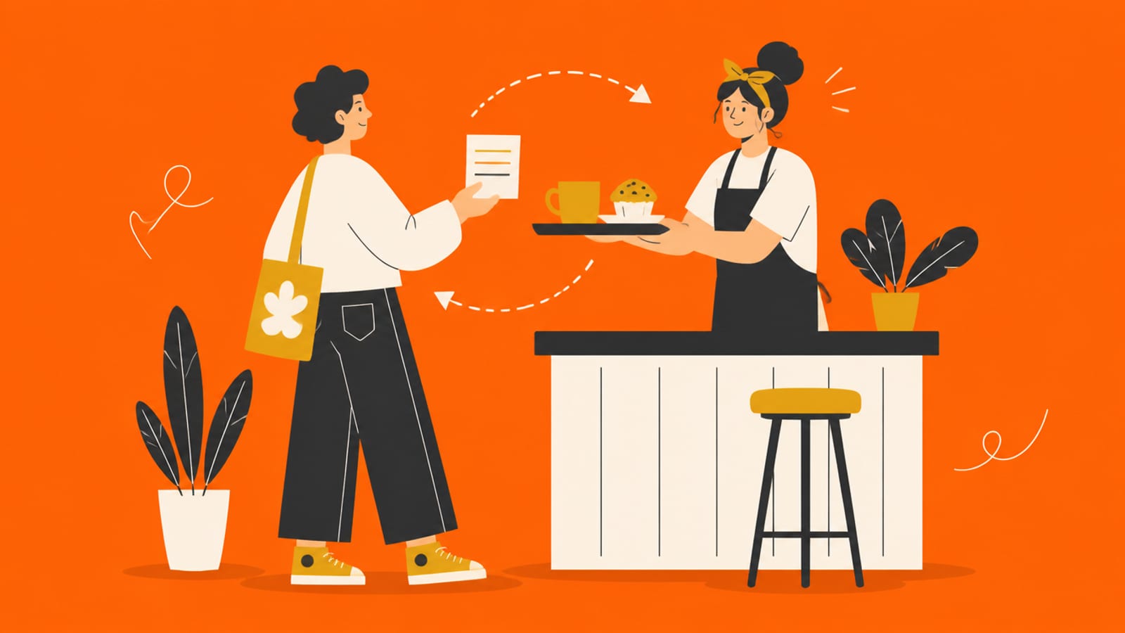 Flat illustration of a customer handing an order slip across a café counter and getting a tray back