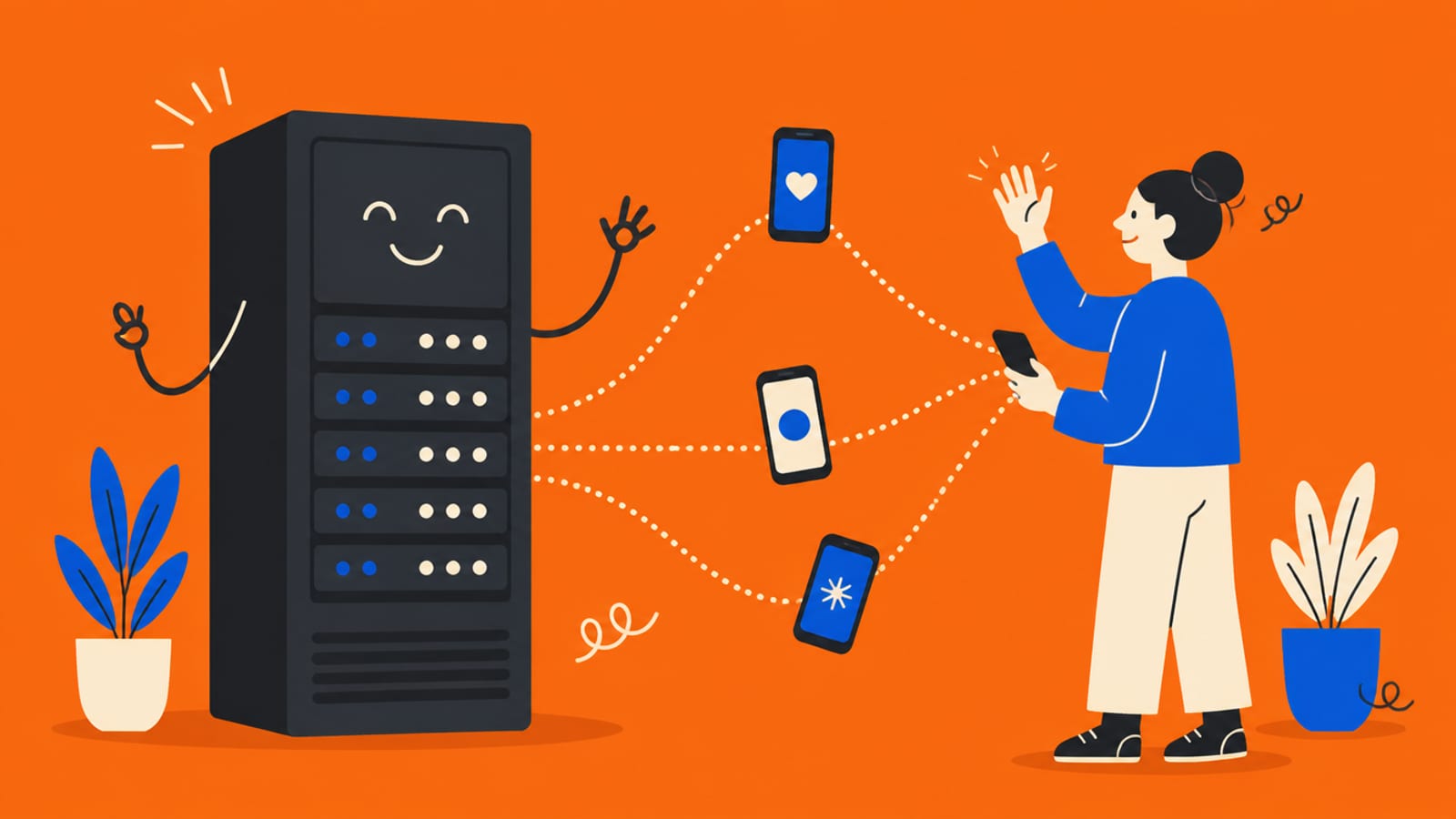 Flat illustration of a friendly server cabinet with blinking lights connected by dotted lines to several phones