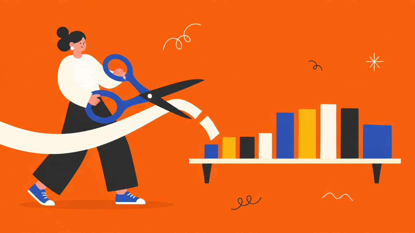 Flat illustration of a person cutting a long ribbon into small coloured blocks of different widths with giant scissors