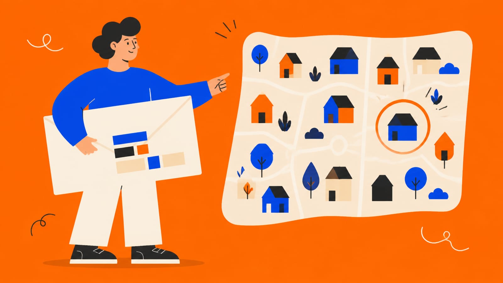 Flat illustration of a person holding an addressed envelope and pointing at one highlighted house on a map