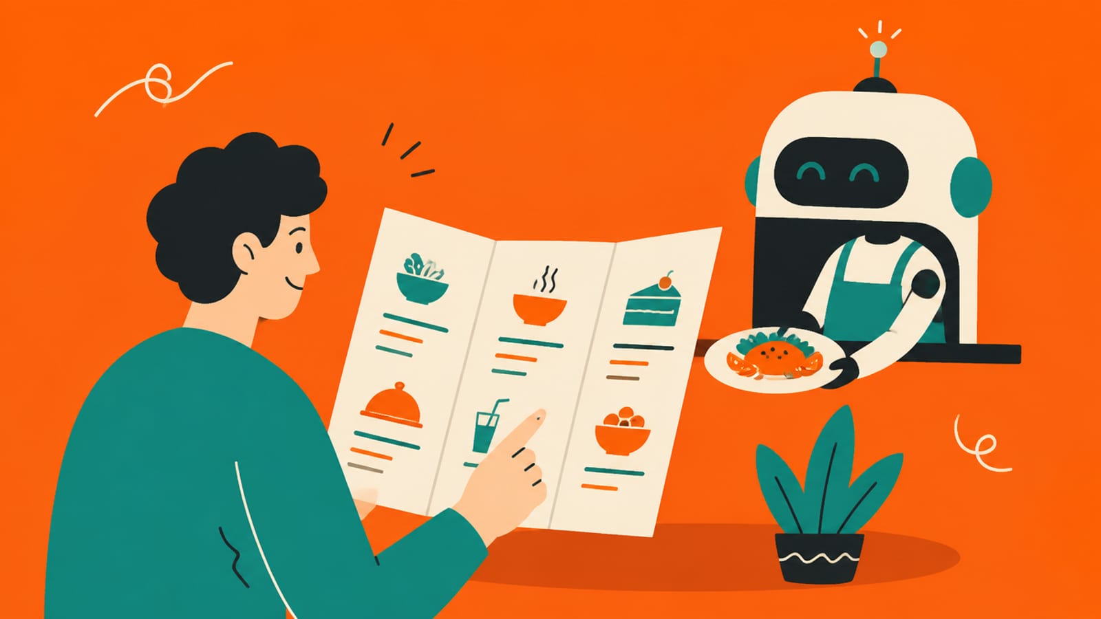 Flat illustration of a person pointing at an item on a large menu while a kitchen hatch passes out a plate