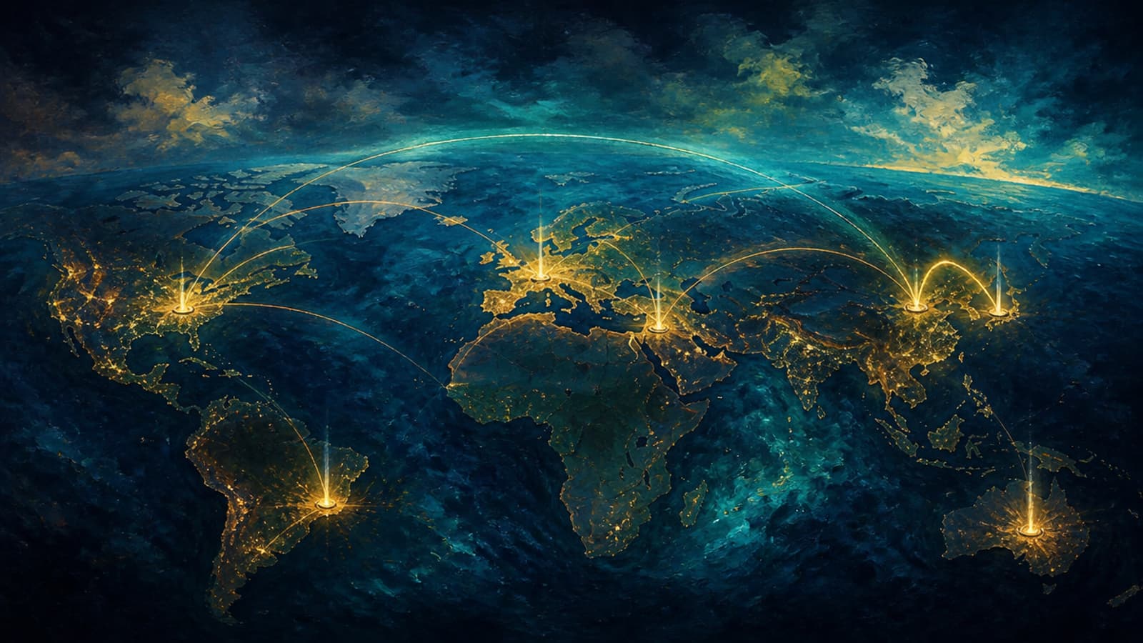 Painterly night-time world map seen from above, with glowing golden server nodes on several continents connected by arcs of light, some short and some stretching across the globe