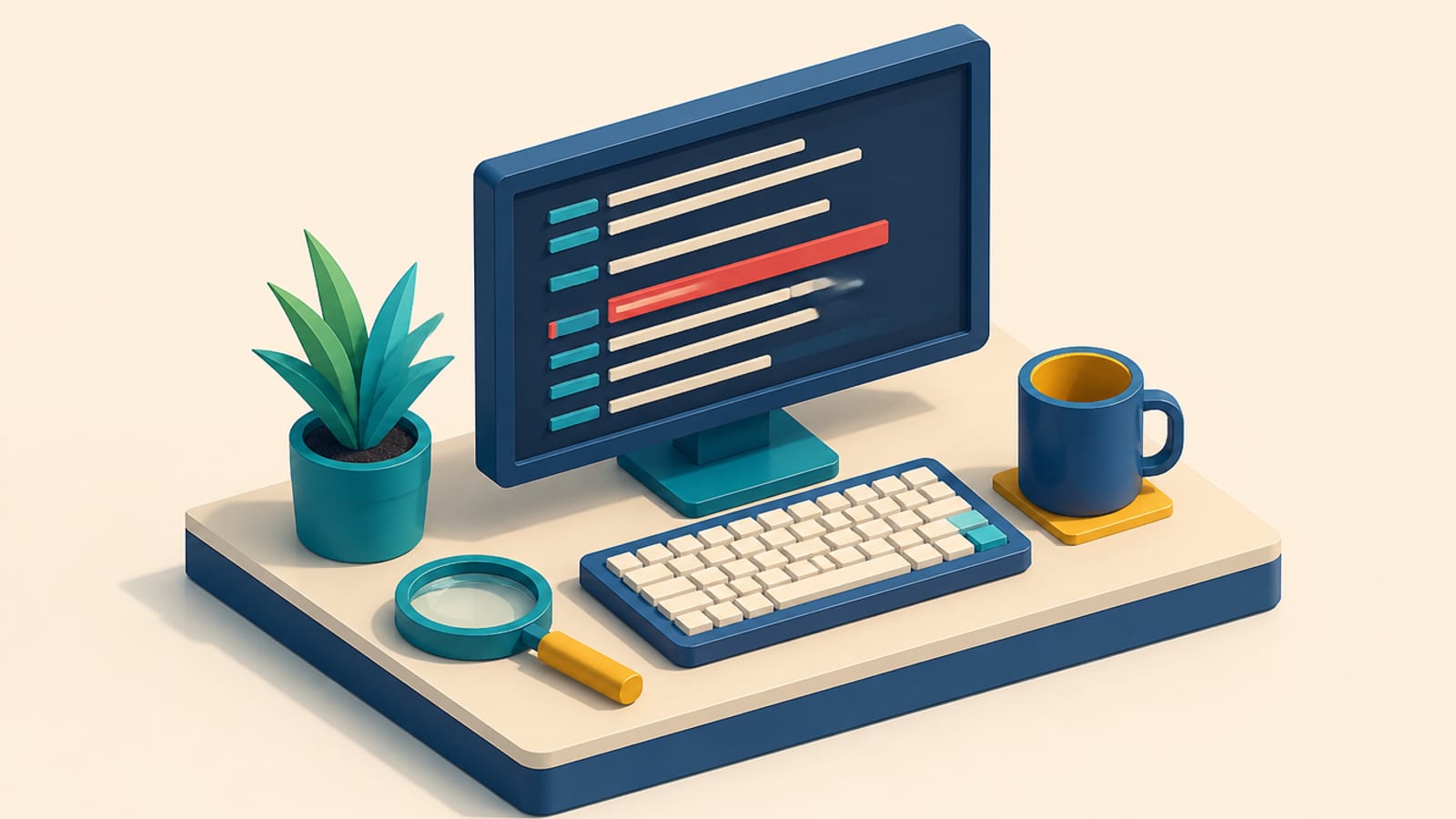 Isometric diorama of a small monitoring desk with a screen showing a scrolling list of log lines, one highlighted in red, and a magnifier beside it