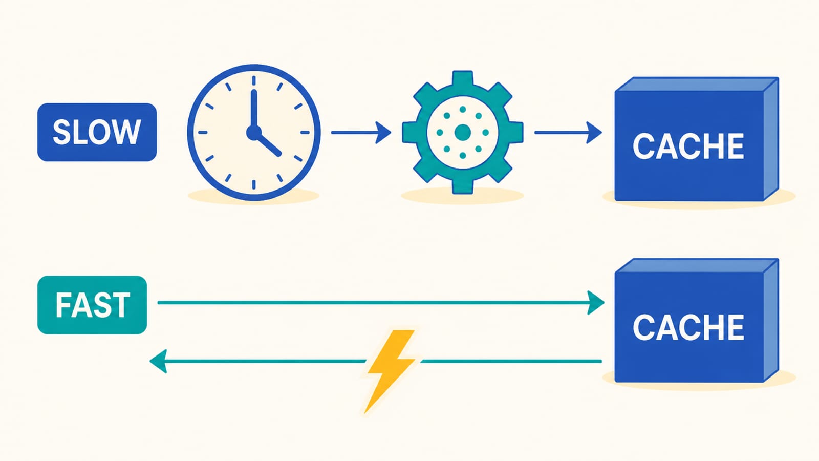 Editorial infographic contrasting a slow first request that computes an answer with a fast repeat request served instantly from a labelled cache box