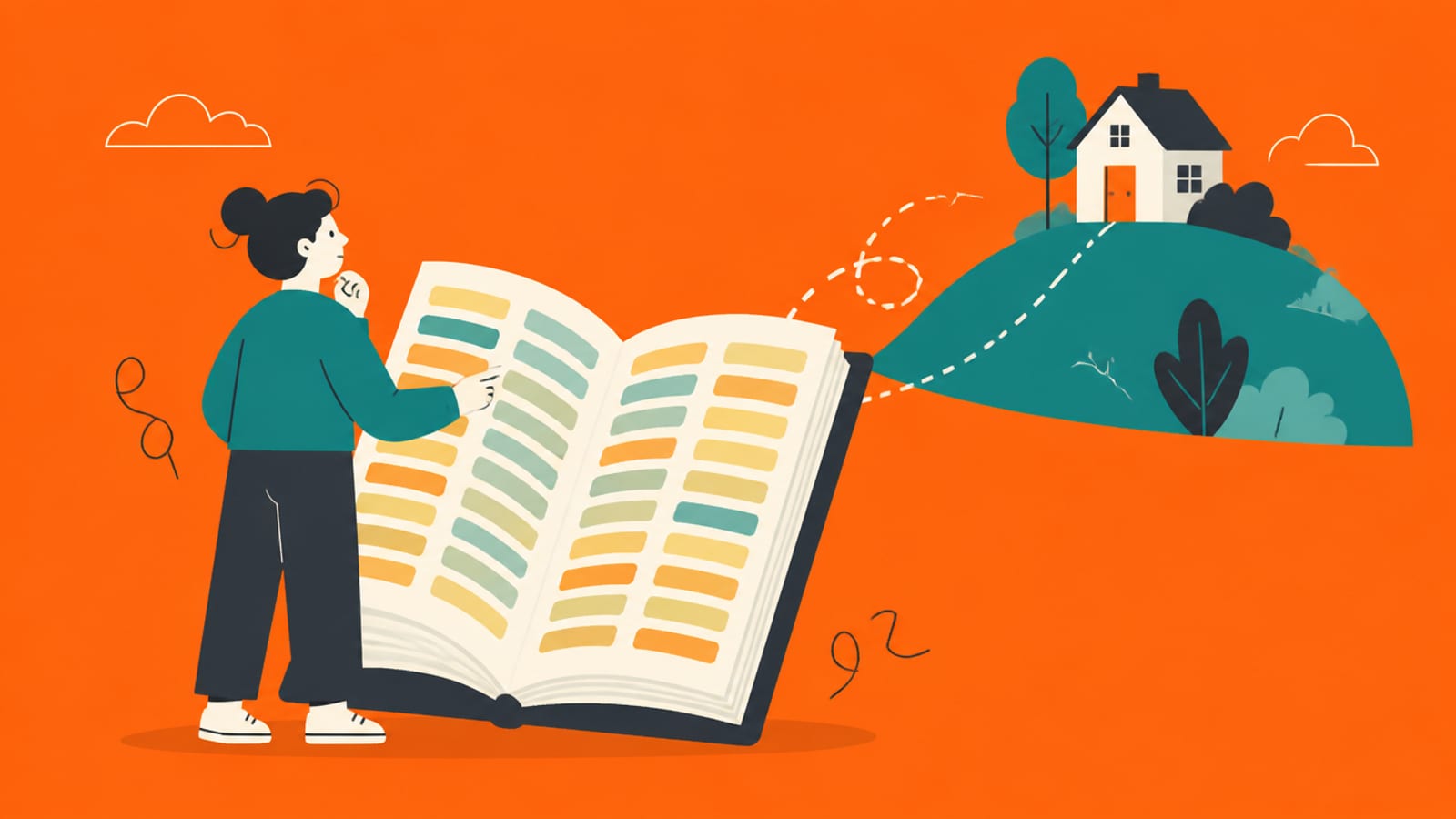 Flat illustration of a person looking up a name in a giant phone book, with a dotted line to a house on a hill
