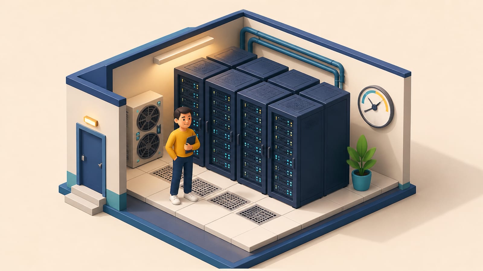 Isometric cutaway illustration of a small data-center room: rows of dark server racks with blinking lights, a person holding a tablet, a cooling unit, and a round usage meter on the wall