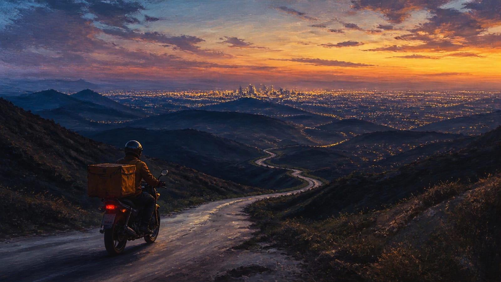 Realistic painterly illustration of a lone courier racing along a very long winding road at dusk, a distant city glowing far ahead