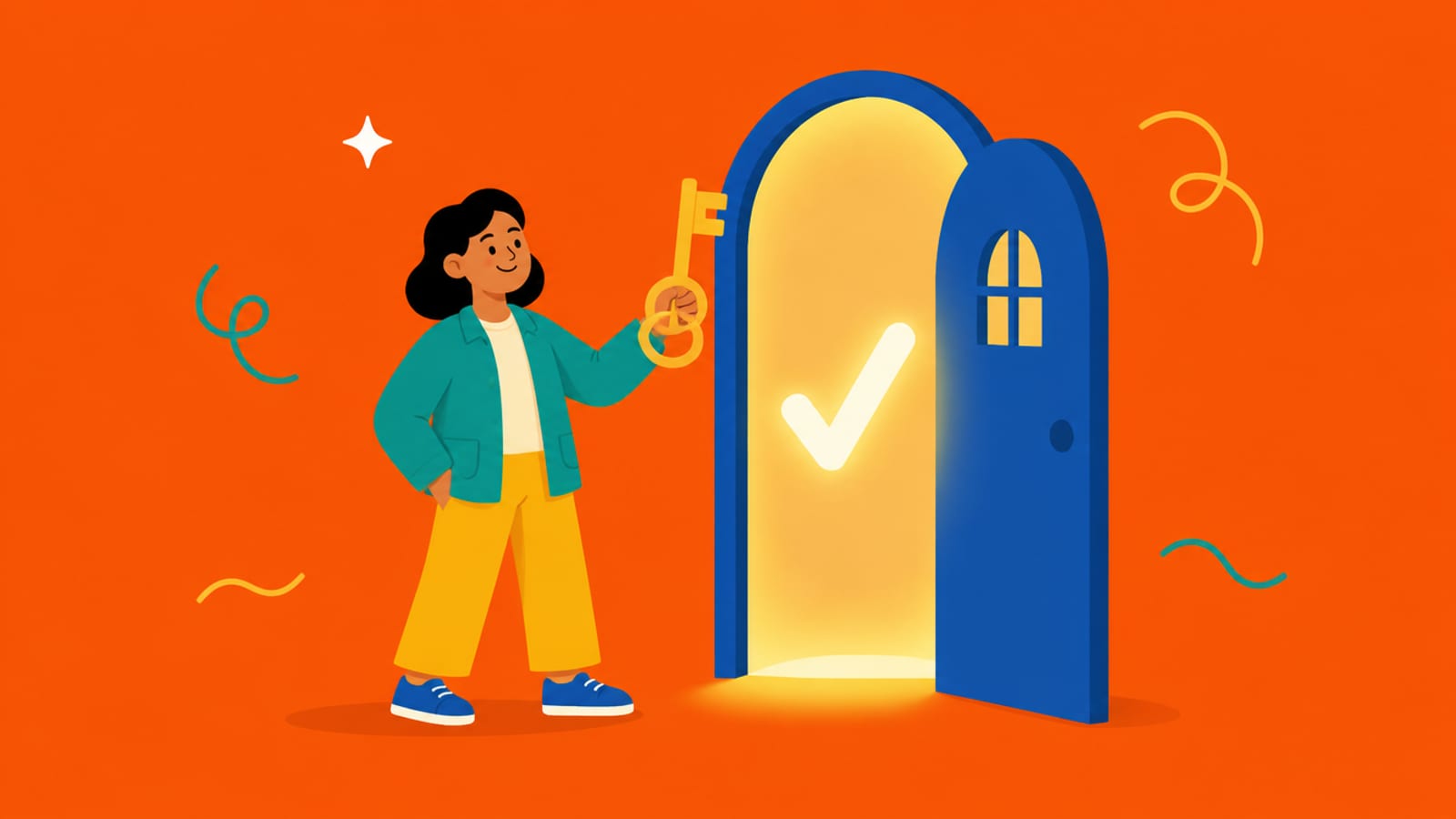 Flat illustration of a person holding a key up to a friendly locked door with a small window, a checkmark glowing inside