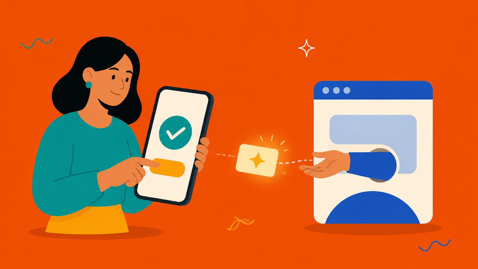 Flat illustration of a person approving a request on a phone marked Google, which hands a small token card to a separate app
