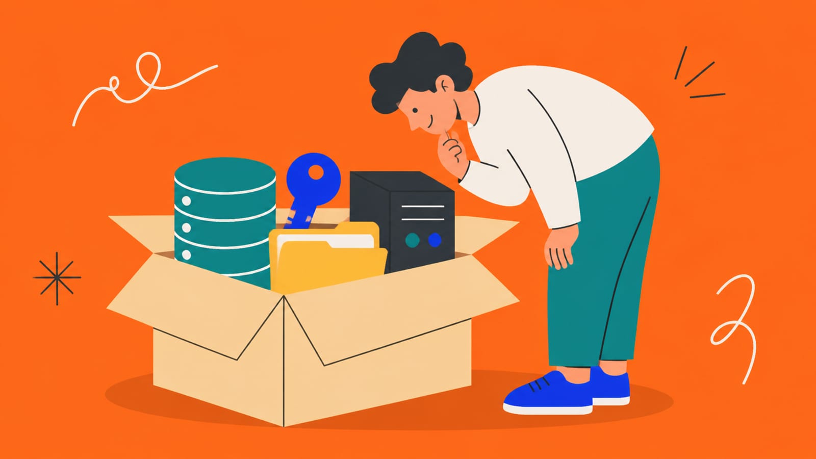 Flat illustration of an open box containing a database cylinder, a key, a folder and a small server, with a person looking in