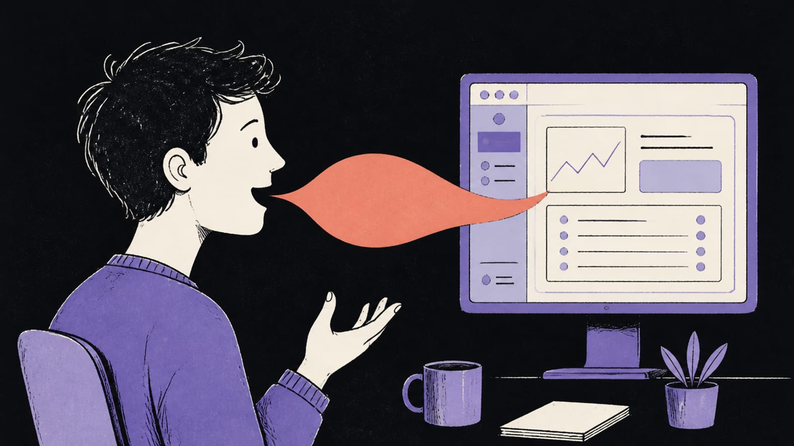 Hand-drawn editorial illustration of a person speaking a sentence that turns into a small finished app on a screen