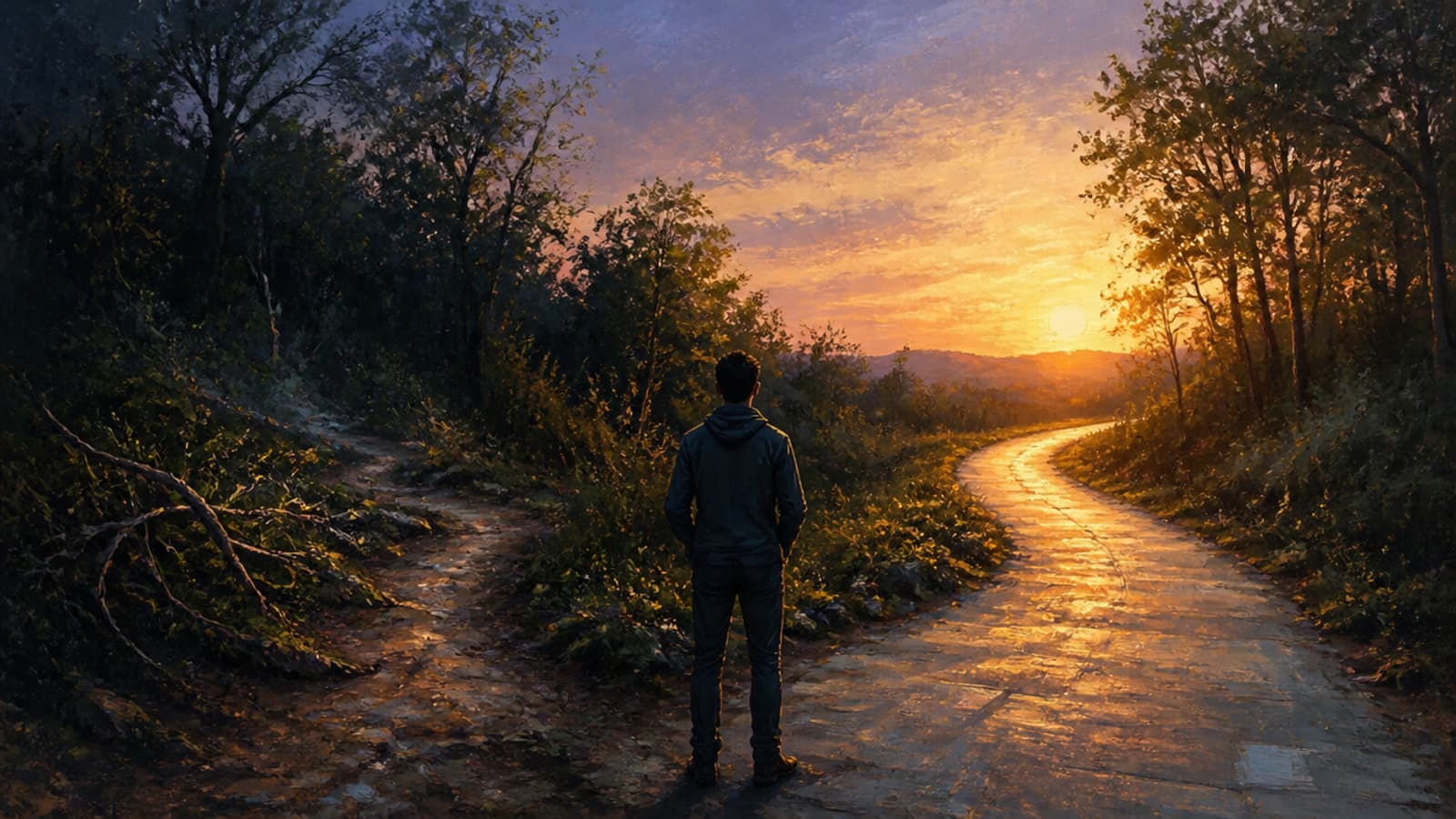 Realistic painterly illustration of a lone figure at a fork in a trail at dusk, one path overgrown and tangled, the other a clean fresh road ahead