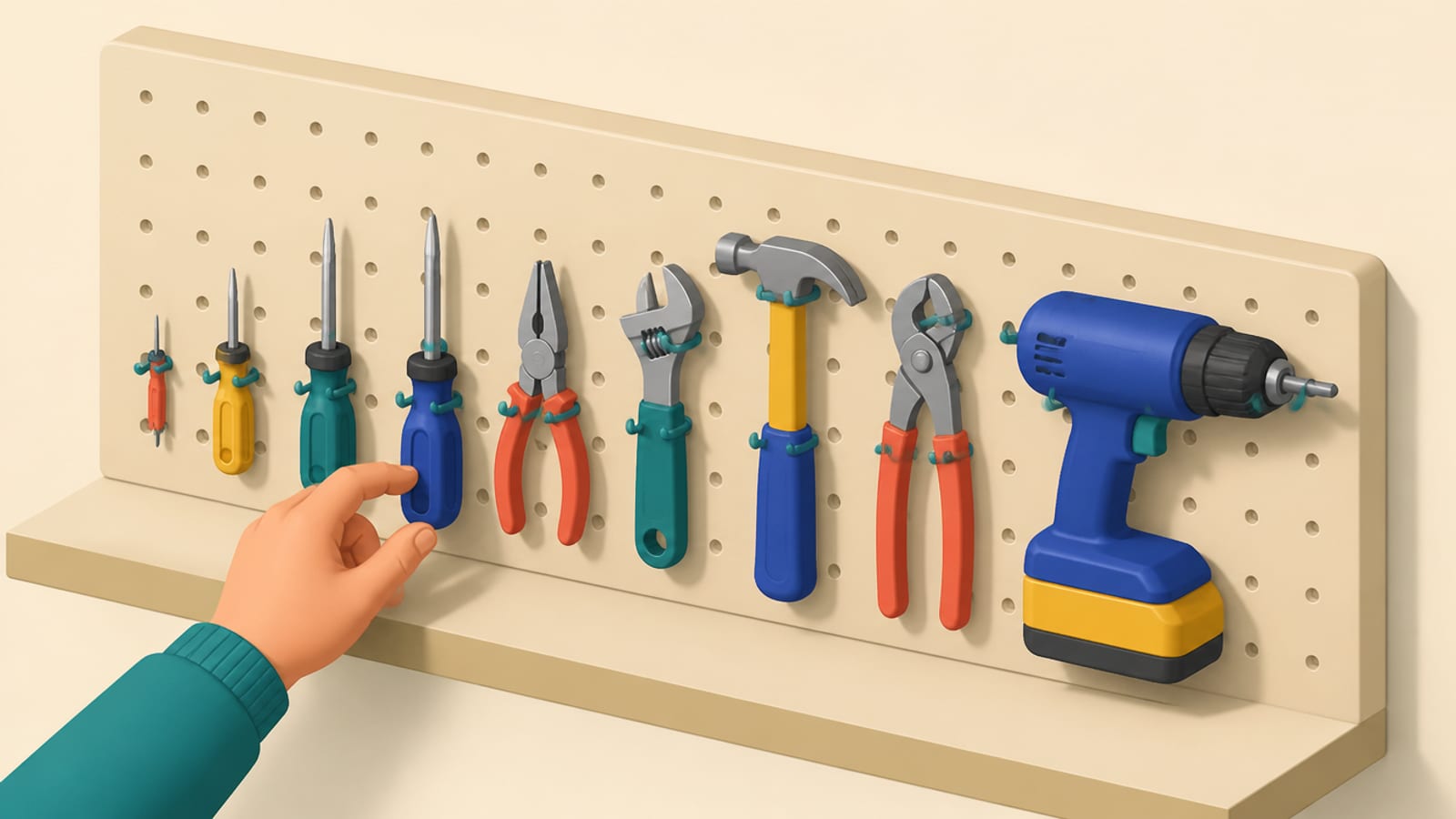 Isometric illustration of a workshop pegboard holding hand tools arranged from a tiny screwdriver up to a large drill, a hand reaching to choose the right-sized one