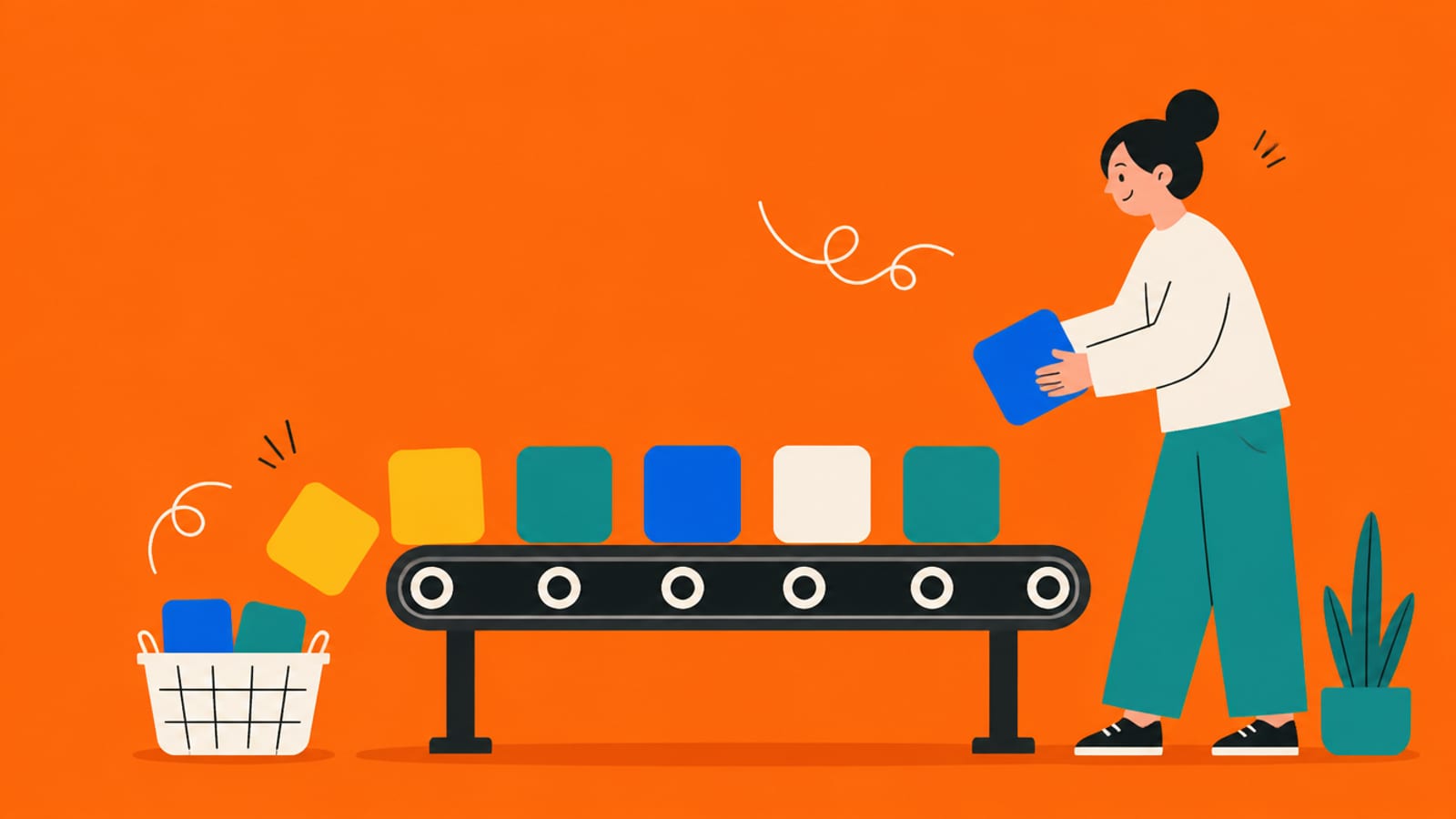 Flat illustration of a conveyor belt of coloured blocks, new ones added on the right, the oldest tipping off the left end