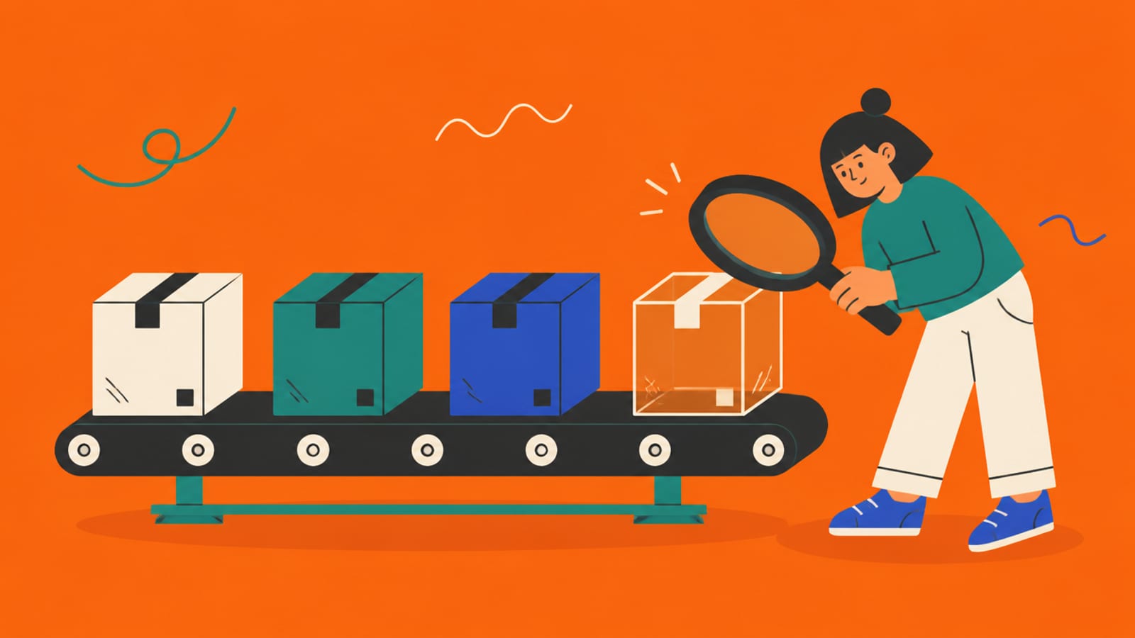Flat illustration of four package boxes on a conveyor, one of them transparent and empty, with a person holding a magnifying glass