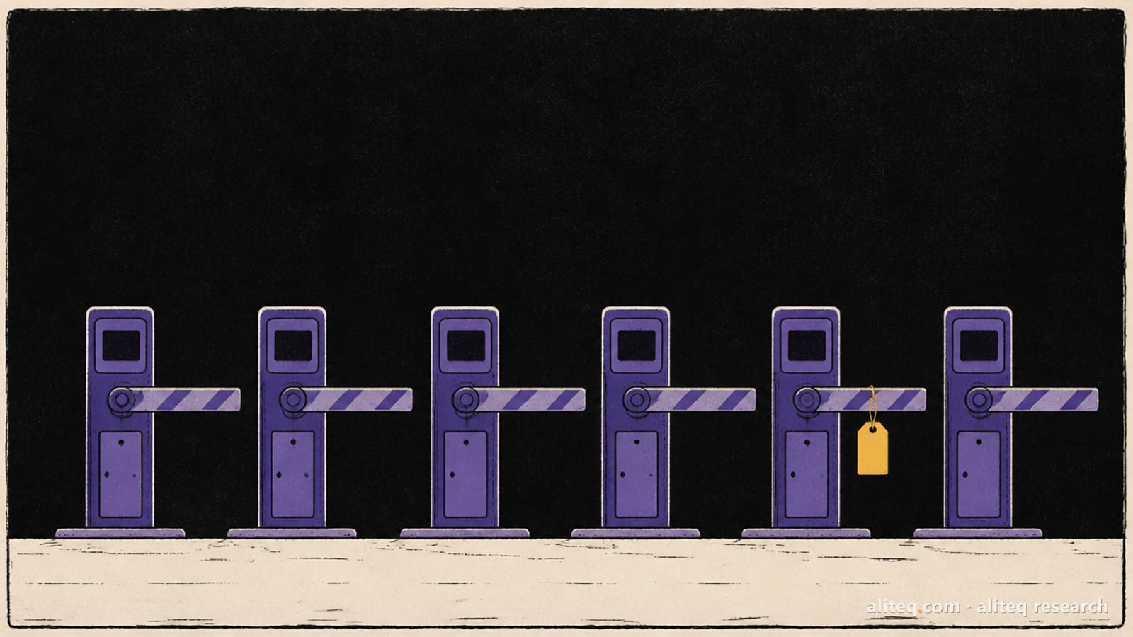 Hand-drawn editorial illustration of six identical indigo toll gates in a row on a near-black background, one of them with a small gold price tag hanging from its barrier arm