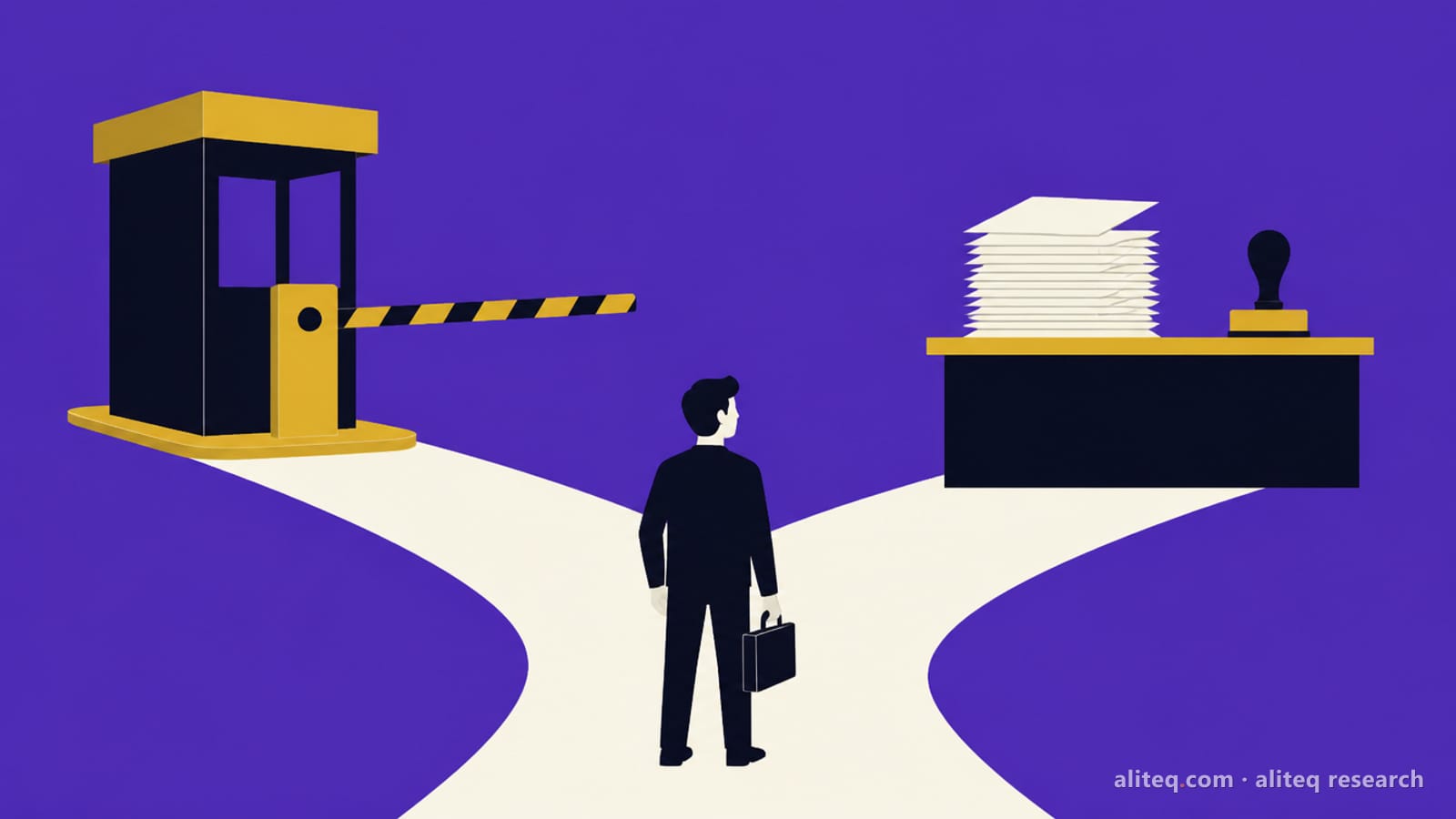 Flat illustration of a person with a briefcase at a fork in the road, a toll booth with a barrier on the left road and a paperwork desk with a stack of papers and a rubber stamp on the right road