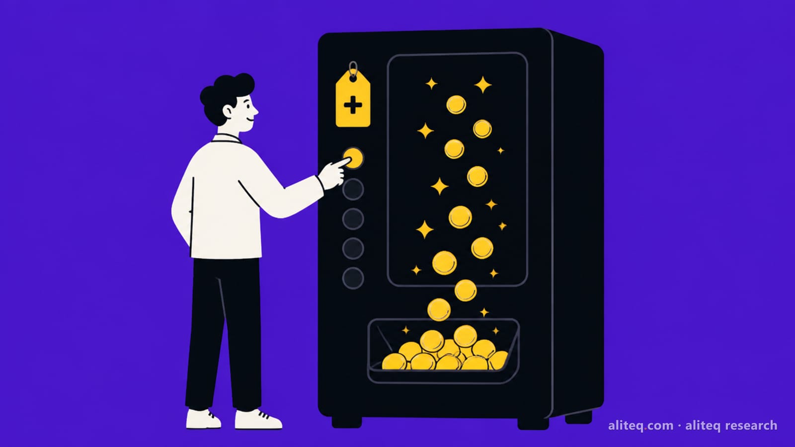 Flat vector illustration of a person pressing a button on a tall black vending machine that pours glowing gold tokens into its tray, a gold price tag with a plus sign on the machine, on a saturated indigo-violet background