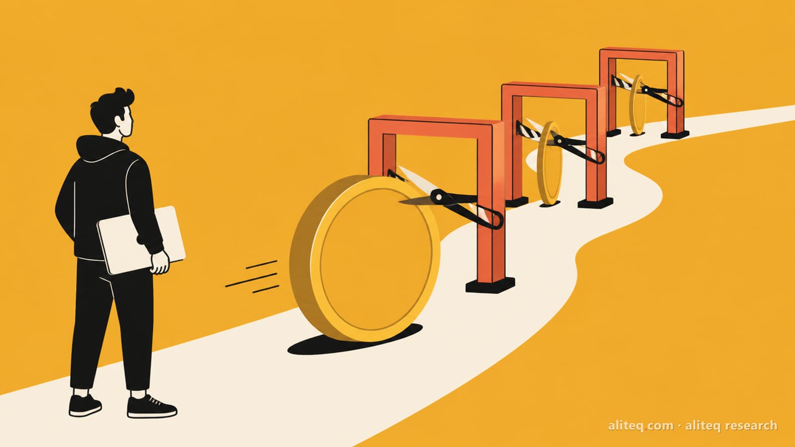 Flat illustration of a founder holding a laptop watching a large gold coin roll through three toll gates, each clipping a slice off it