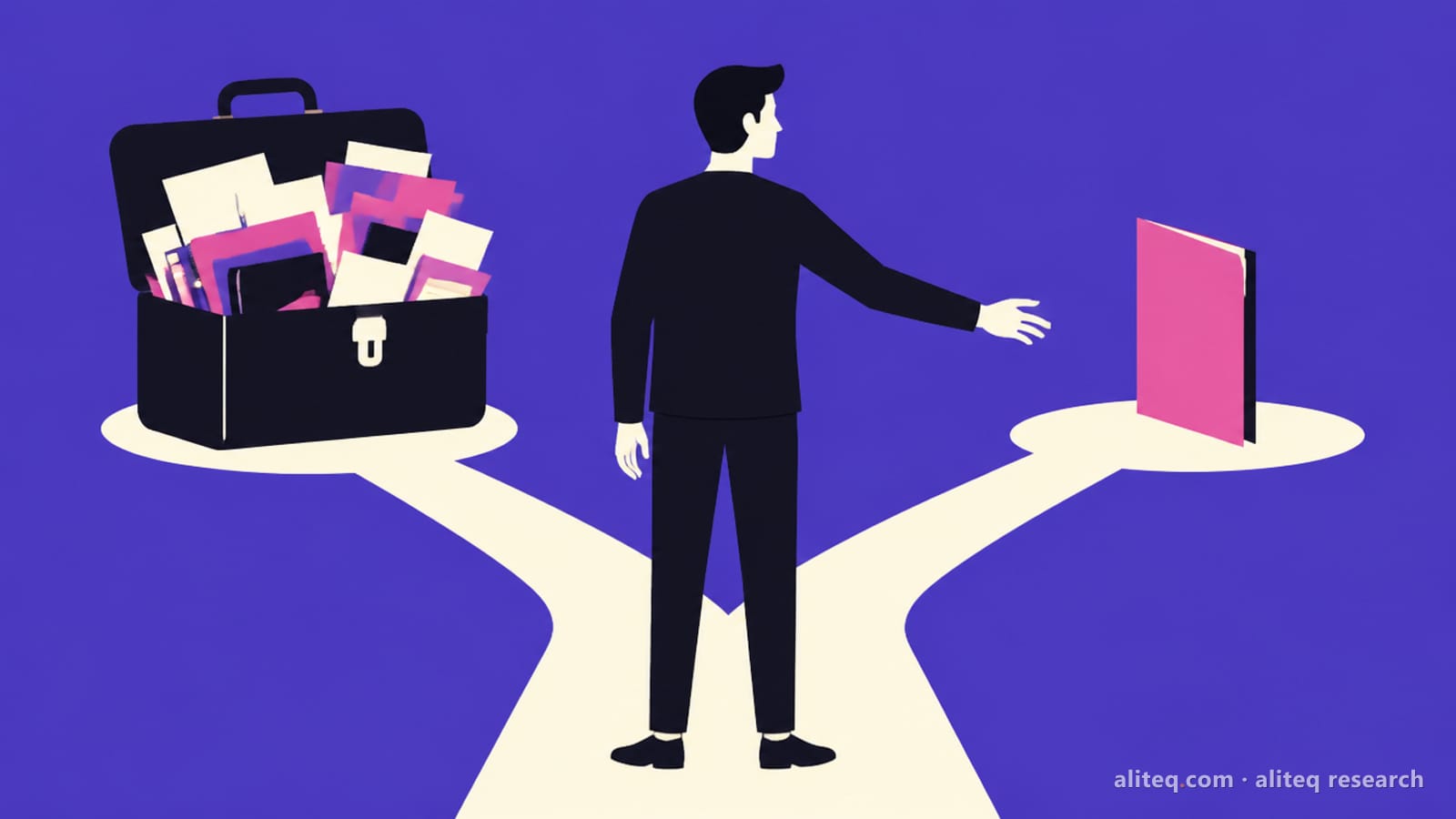 Flat vector illustration of a person at a fork in a path, reaching toward a slim pink folder instead of an overstuffed black briefcase