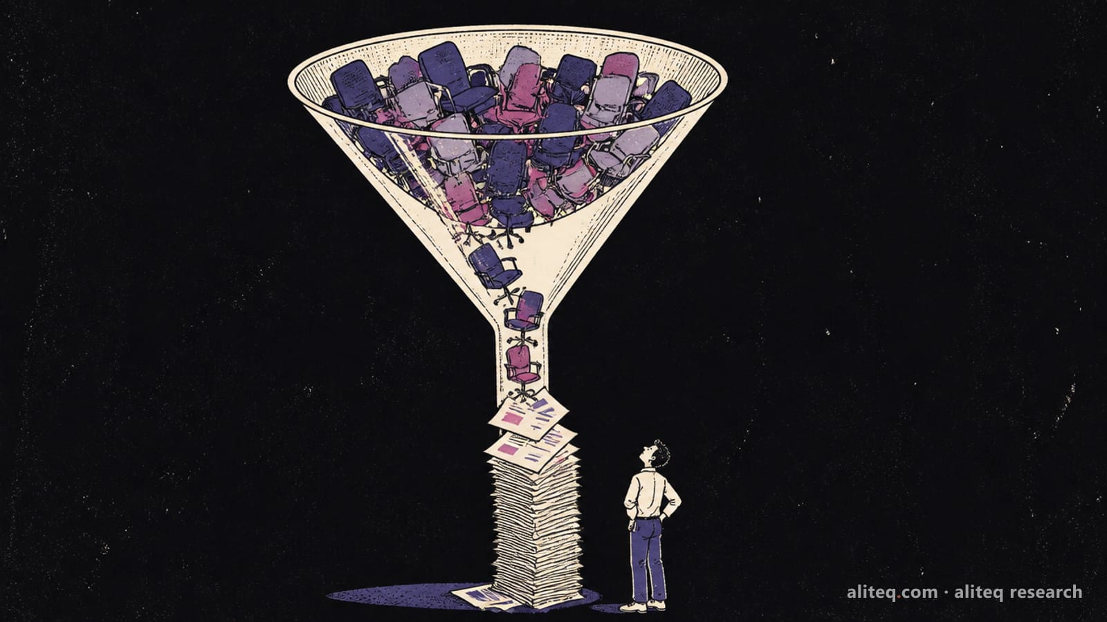 Hand-drawn editorial illustration of office chairs pouring through a giant funnel and landing as a tall stack of invoices, while a small founder looks up at it
