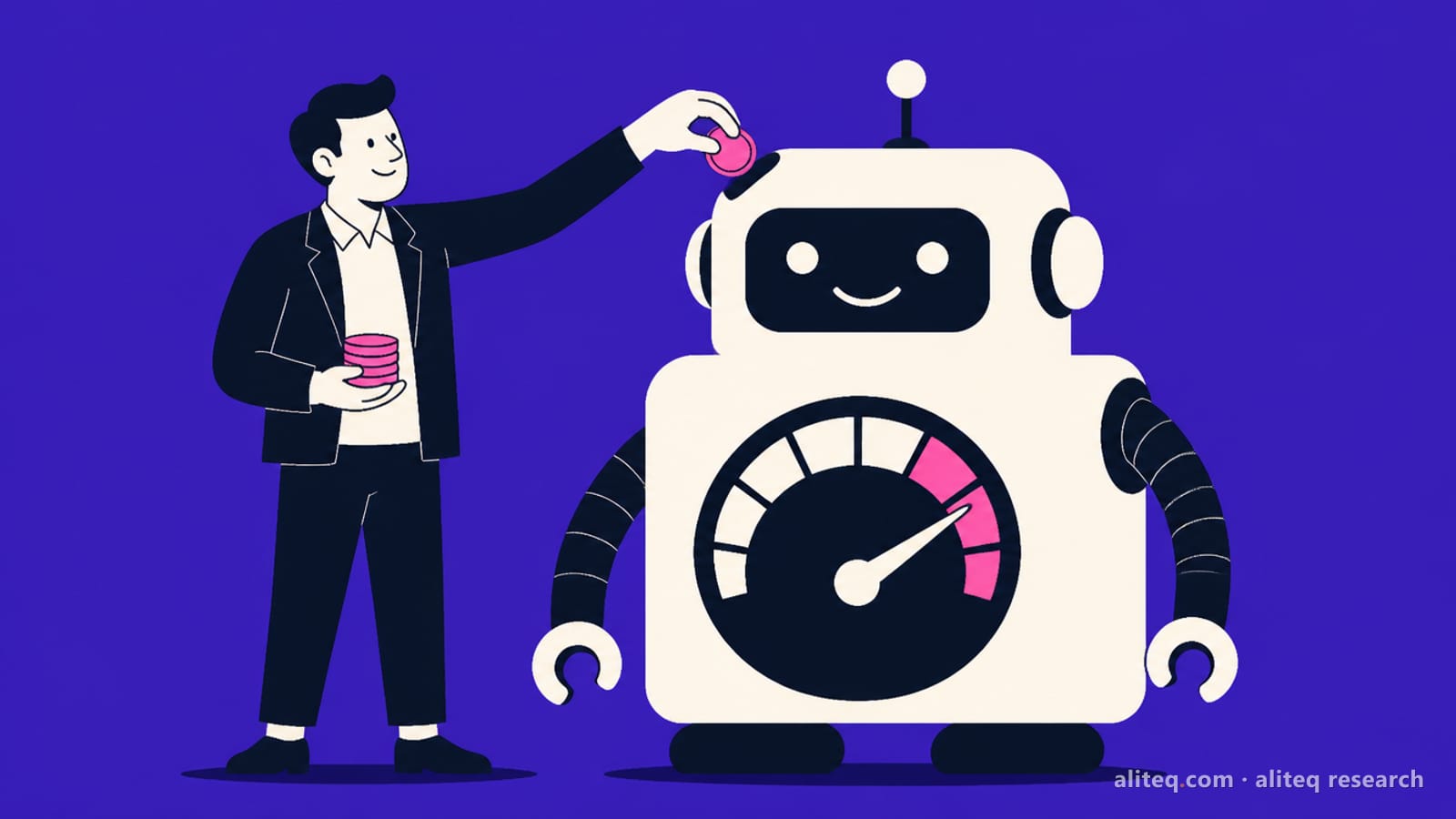 Flat vector illustration of a salesperson dropping a coin into a friendly robot assistant with a usage meter on its chest, on a violet background