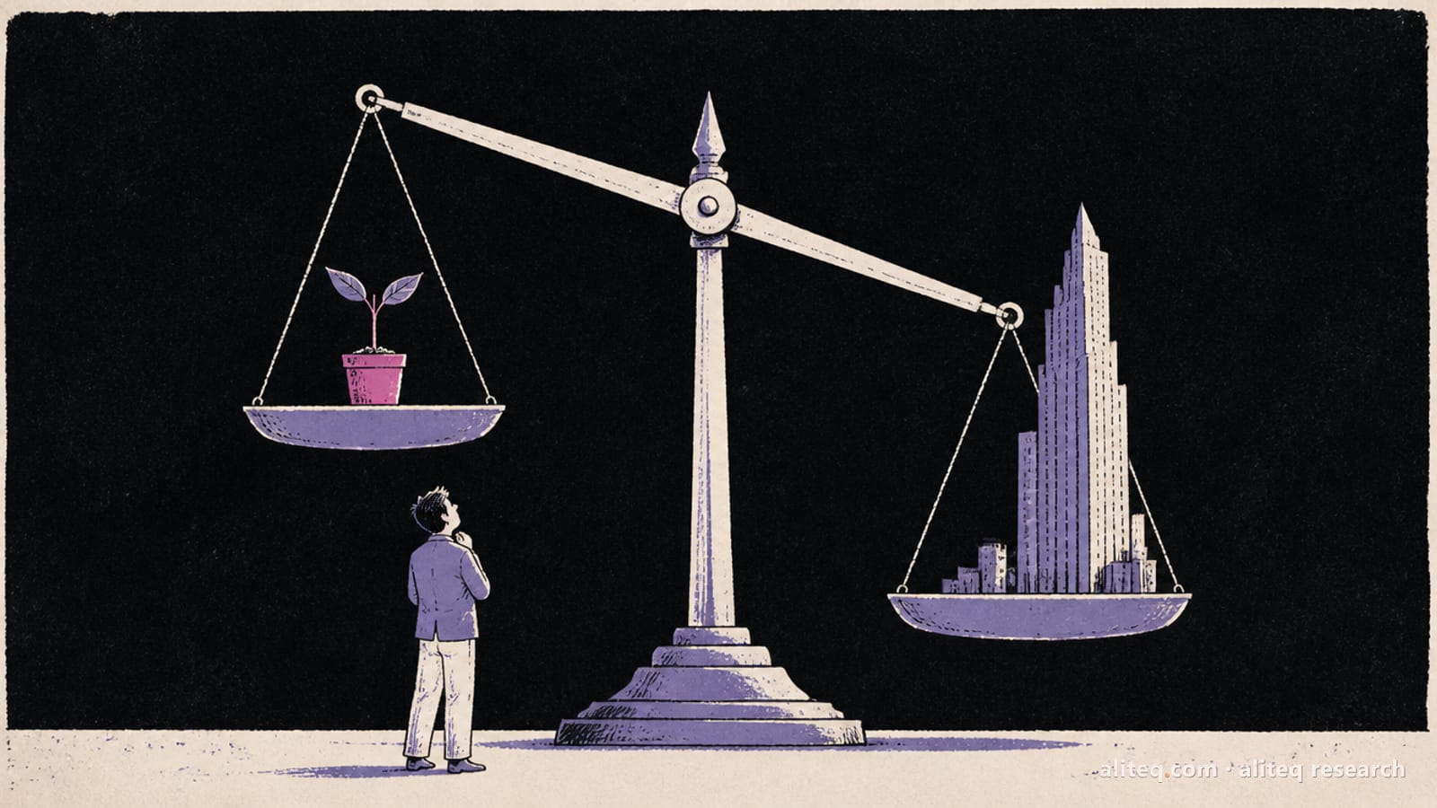 Hand-drawn editorial illustration of an old balance scale, a small potted seedling in one pan and a tall skyscraper in the other, with a small figure looking up at the tilted beam