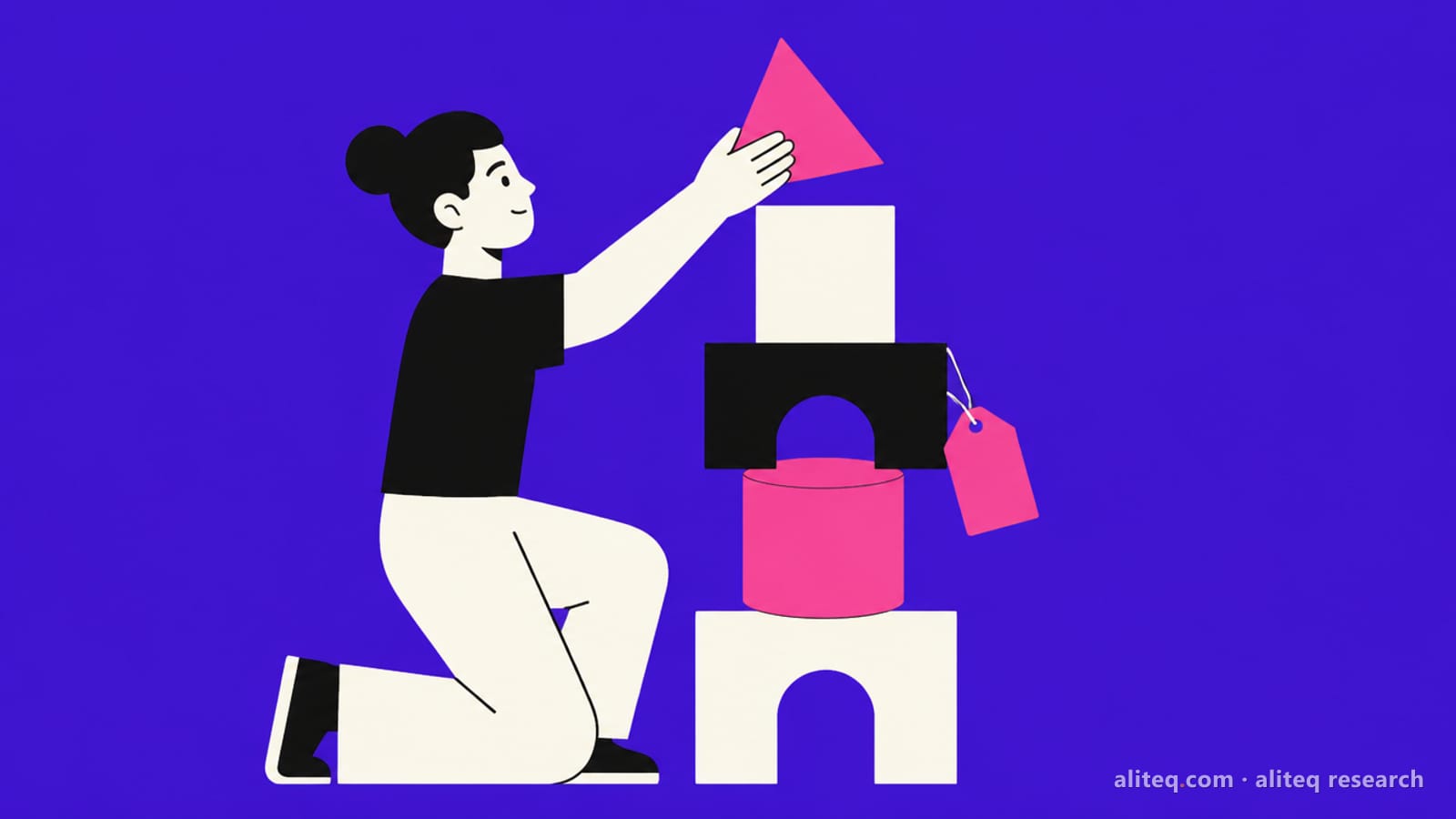Flat vector illustration of a person kneeling to stack colored building blocks of different shapes on an indigo background, with a pink price tag hanging from one block