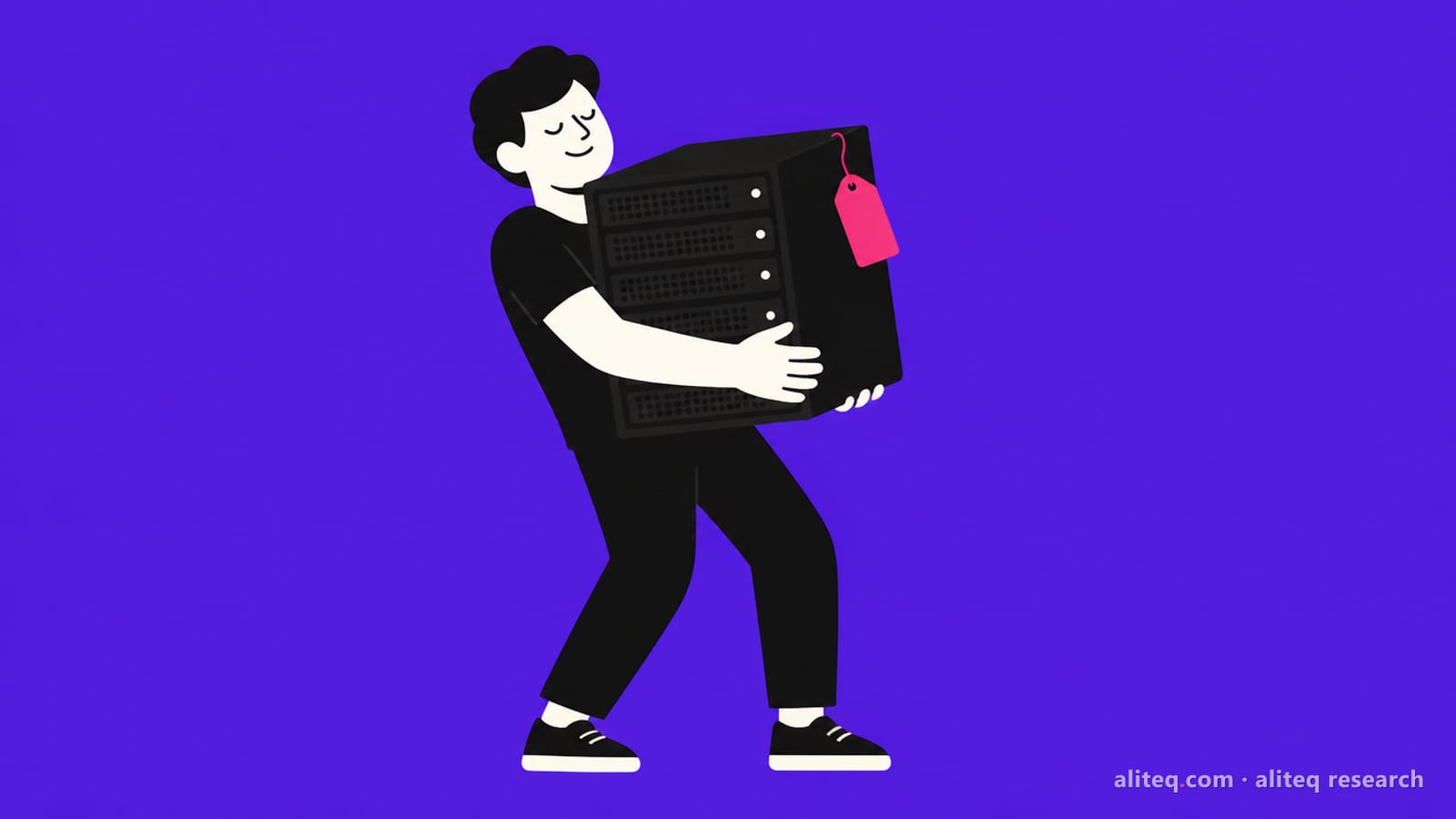 Flat vector illustration of a person leaning back as they carry a heavy black server tower in both arms like a moving box, a pink price tag hanging from it, on a saturated indigo-violet background