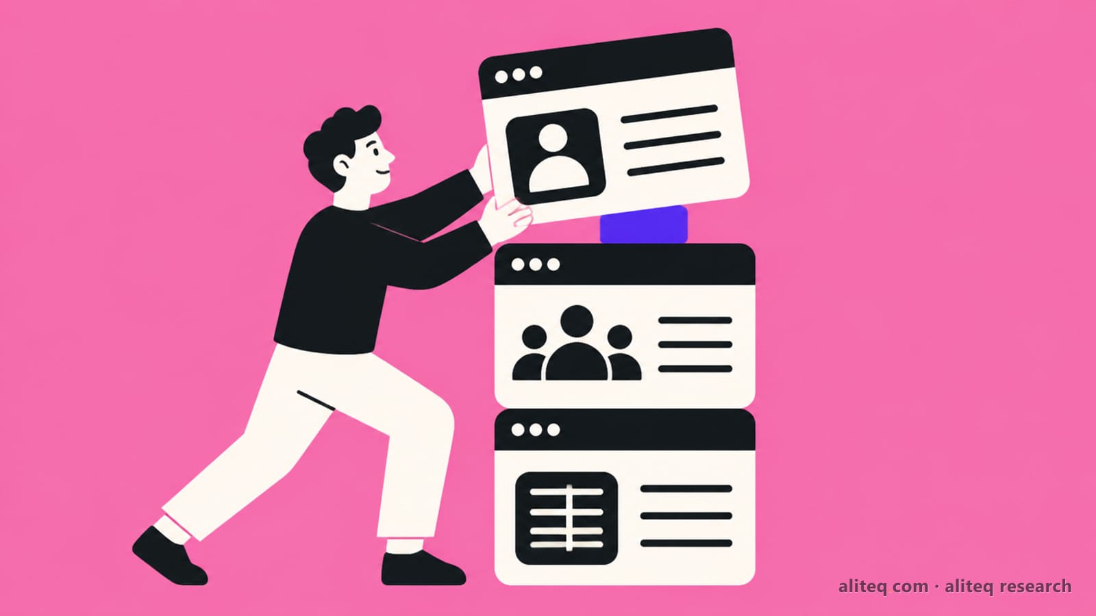 Flat illustration of a person stacking three app windows, a contact card, a team and a ledger, on a pink background