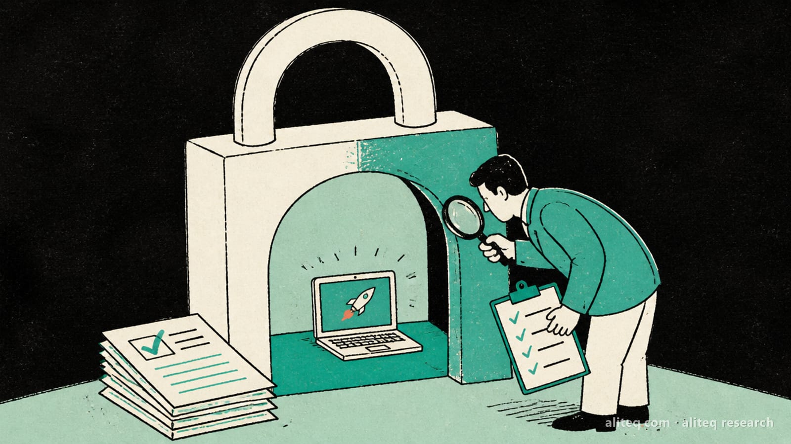 Hand-drawn illustration of an auditor with a magnifying glass inspecting a startup laptop inside a padlock-shaped doorway