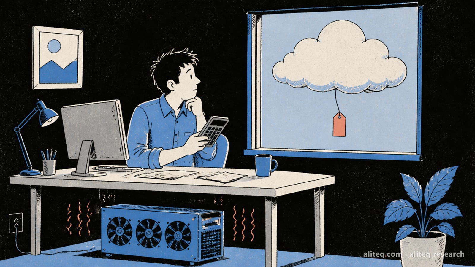 Hand-drawn illustration of a small office with a warm GPU tower under a desk and a cloud with a price tag outside the window
