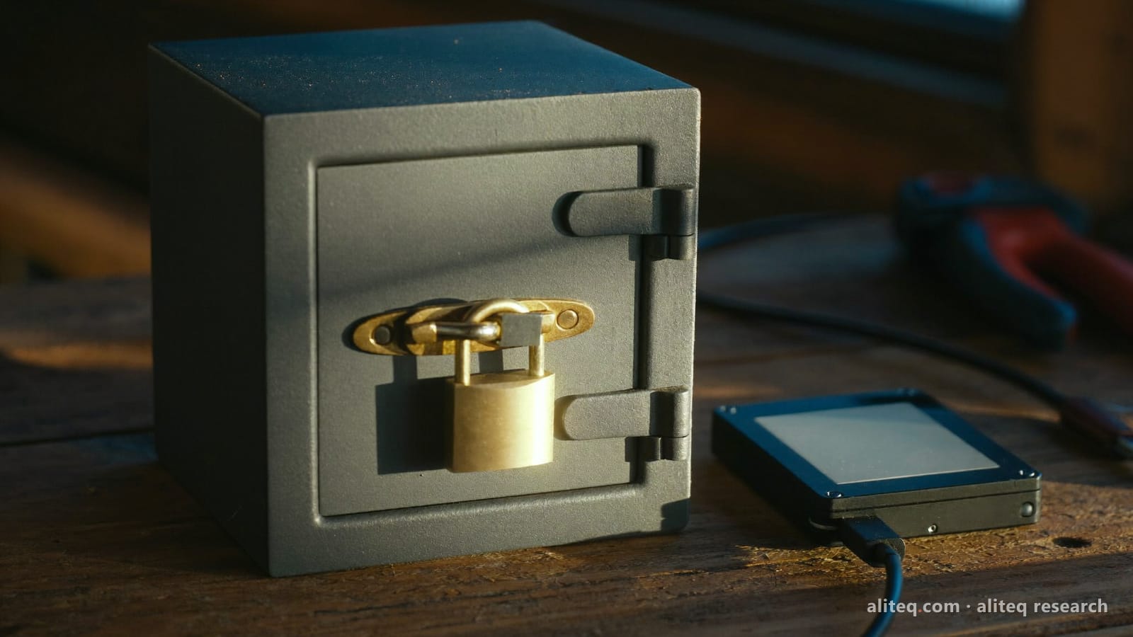 A small grey steel lockbox with a brass padlock on its latch beside a plain external hard drive on a wooden workbench in late golden light