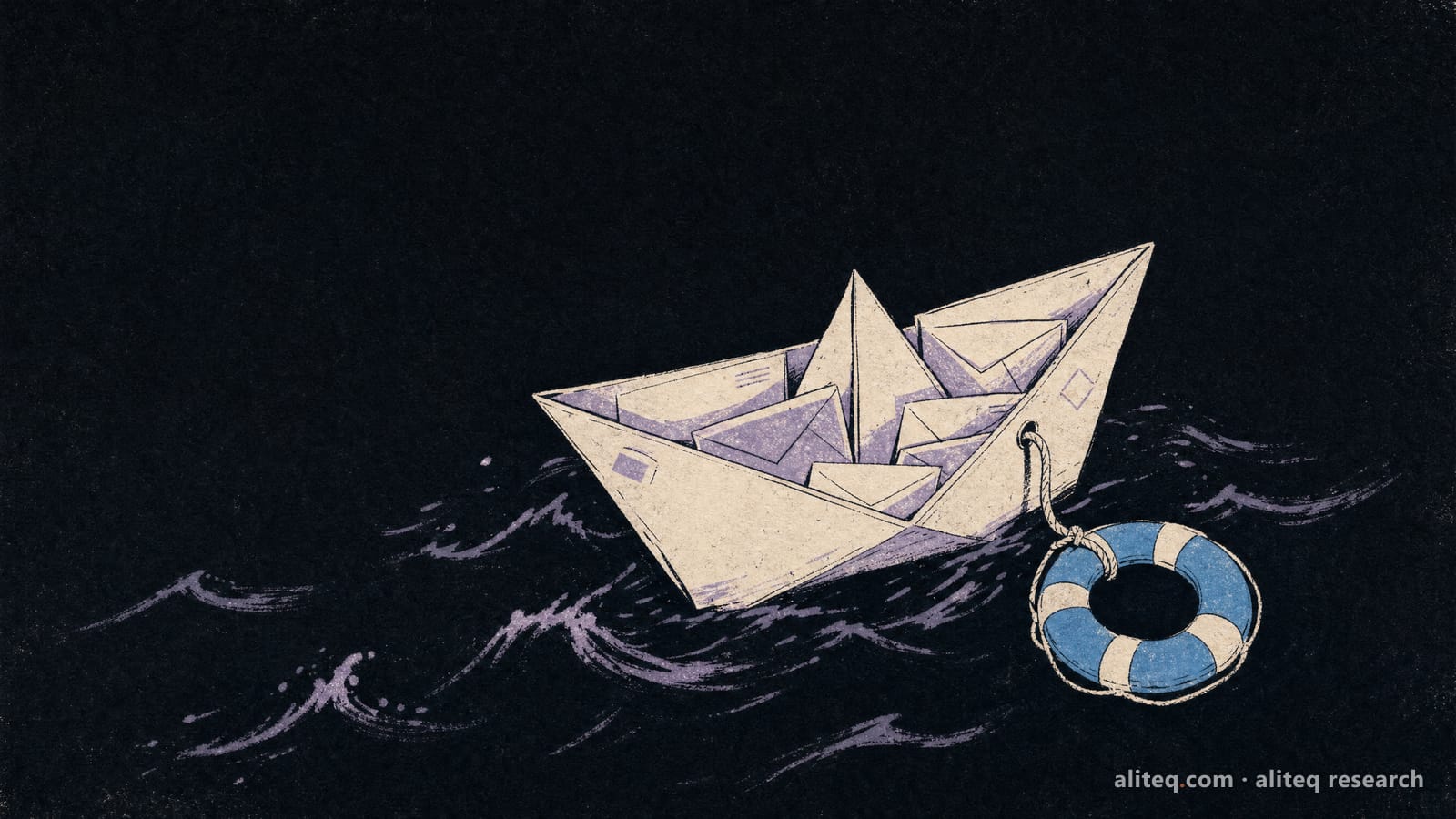 Hand-drawn illustration of a paper boat full of envelopes riding dark waves at night, with a blue and white lifebuoy tied to its side by a rope