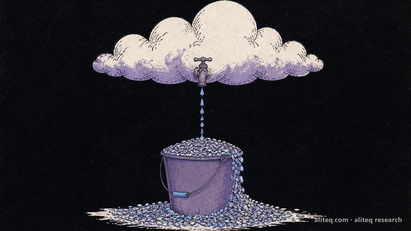 Hand-drawn cloud with a tap dripping into a bucket that overflows with tiny coins onto the ground, on a near-black background