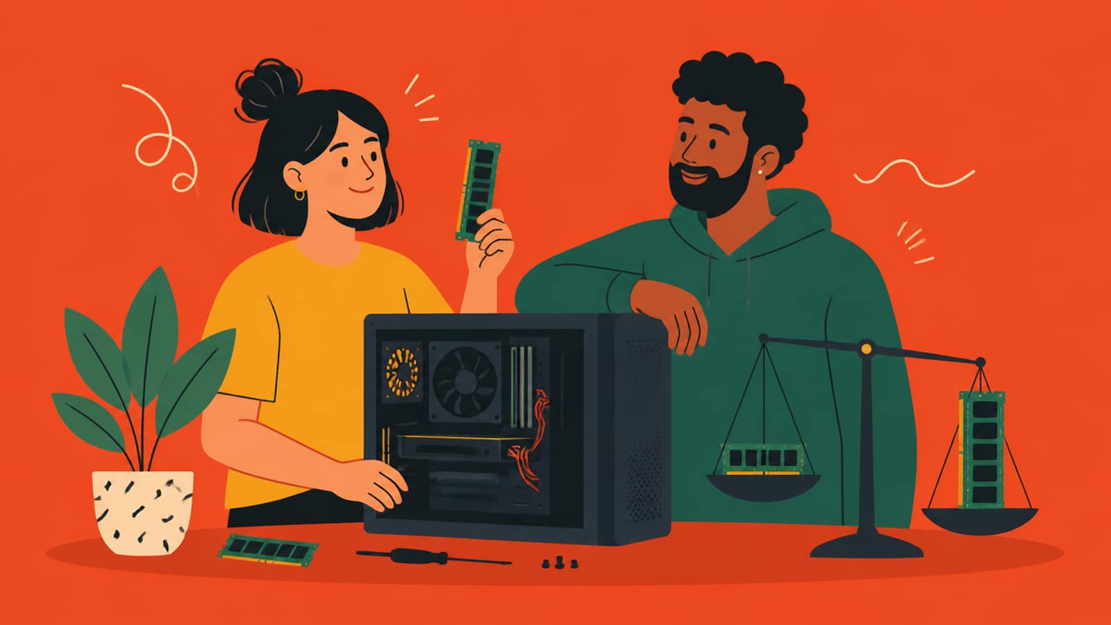 Flat illustration of two friends building a PC at a workbench, with a balance scale weighing two memory sticks