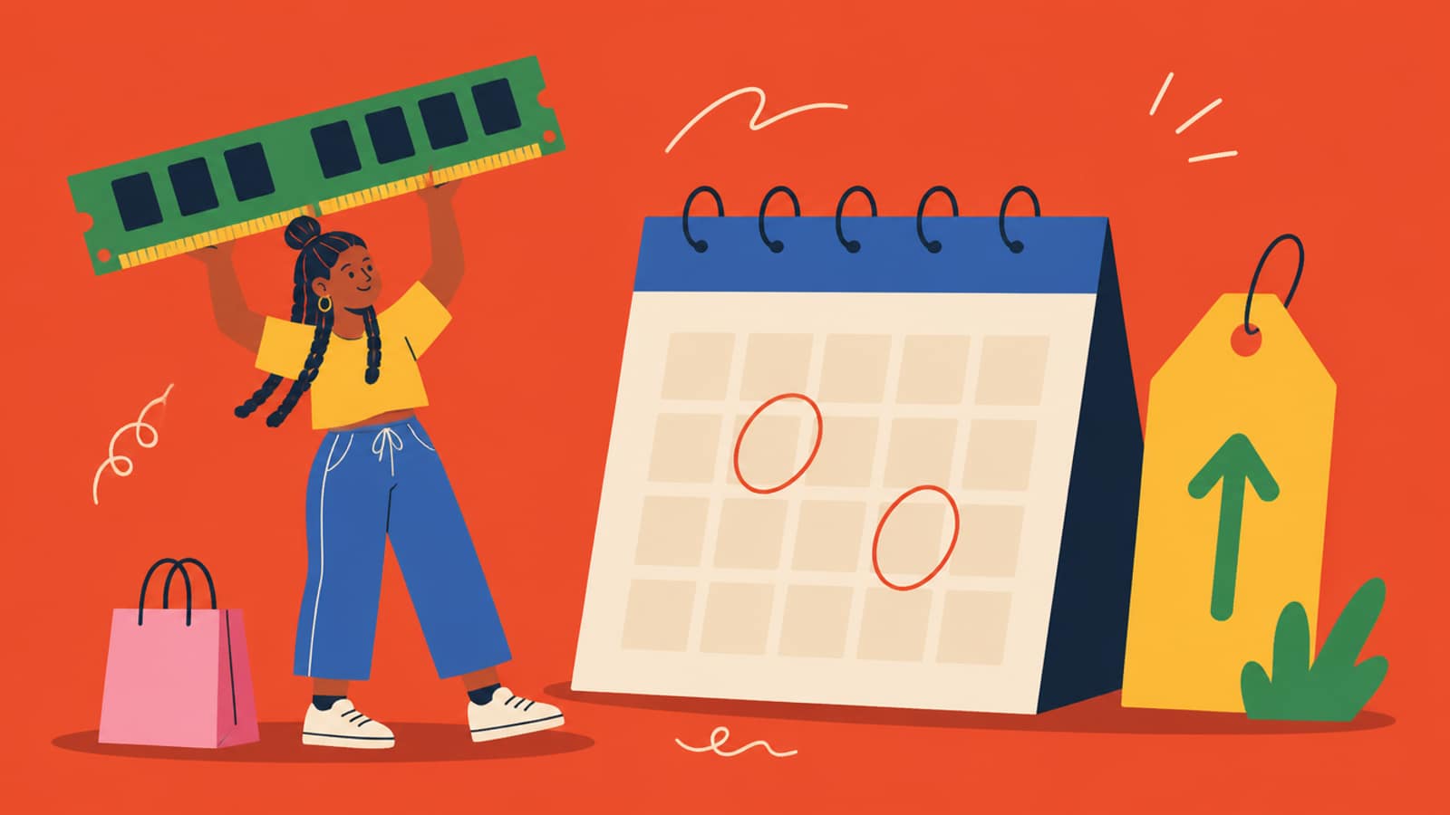 Flat illustration of a shopper holding an oversized memory stick next to a calendar with two circled days and a rising price tag
