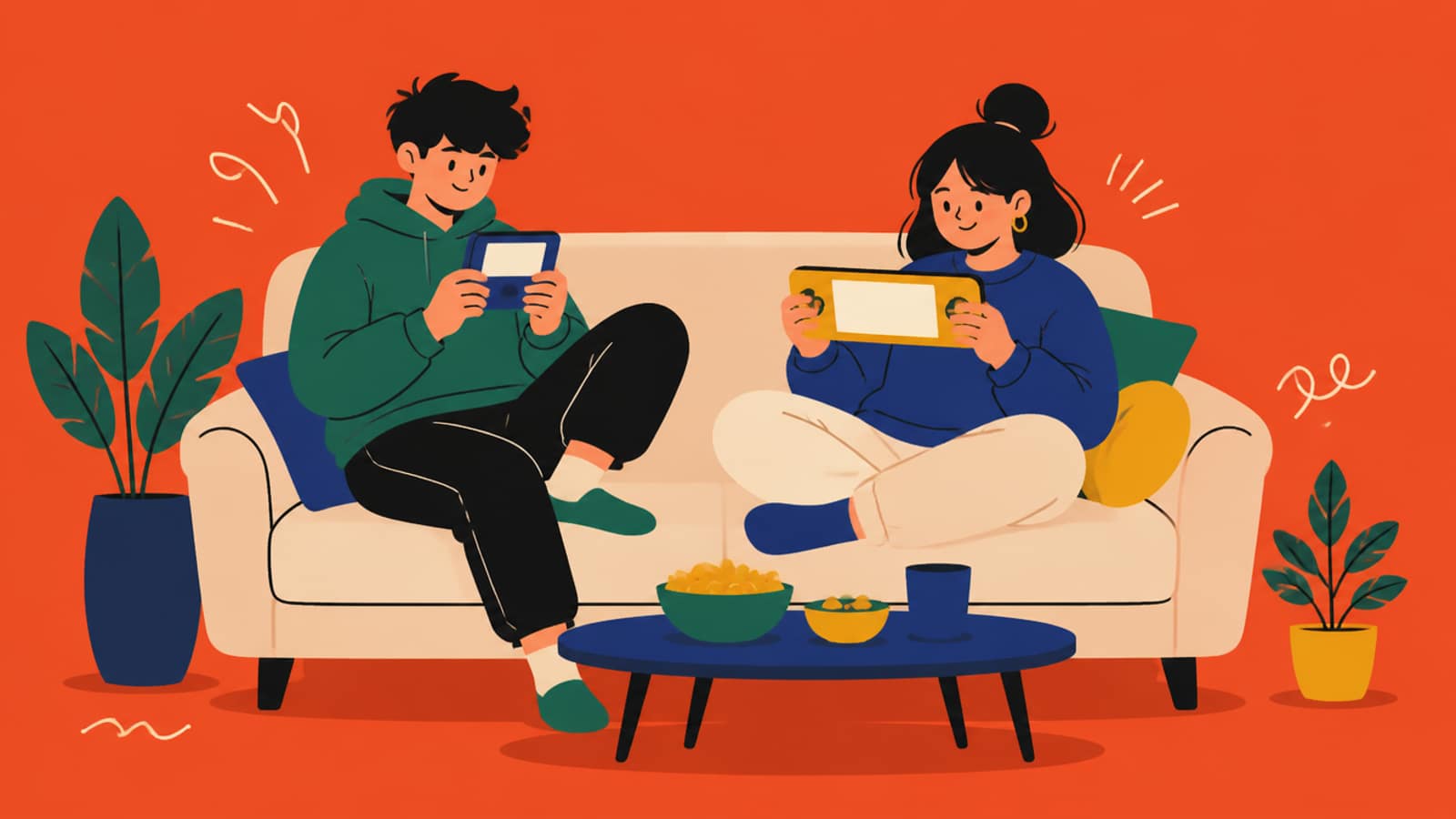 Flat illustration of two friends on a sofa each holding a different simple handheld game device