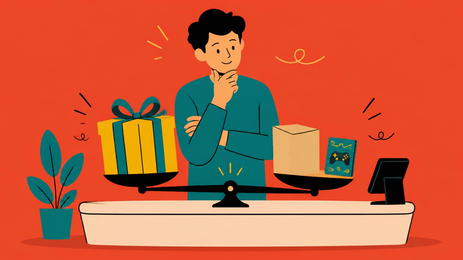 Flat illustration of a person at a checkout weighing a big gift box against a smaller box plus a separate game case on a balance scale